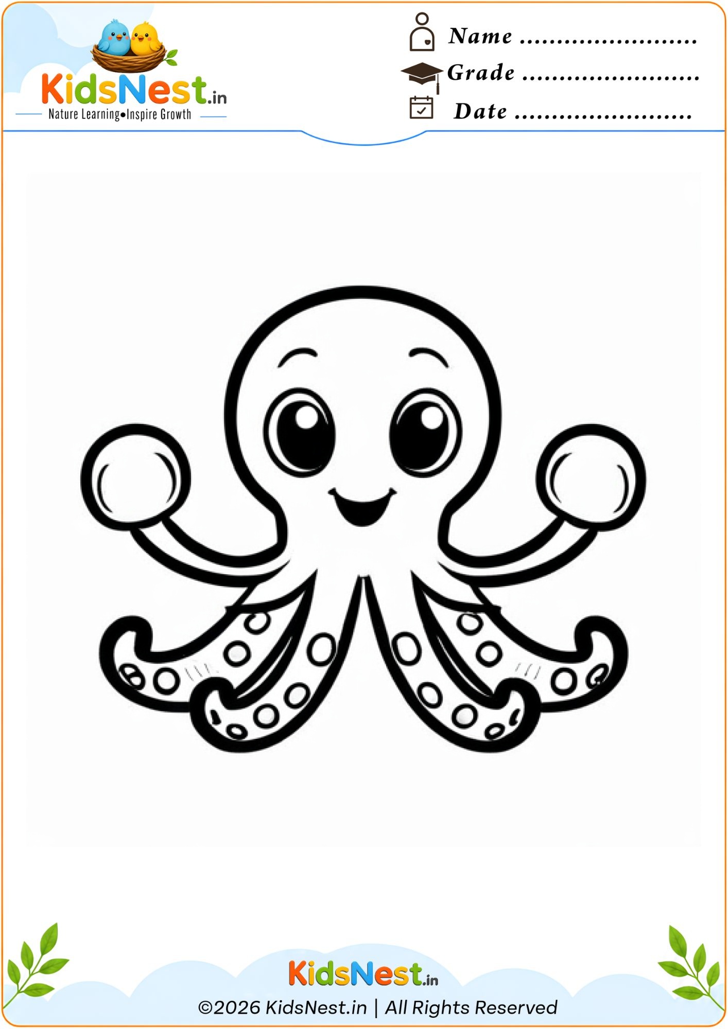 Octopus Coloring Worksheet for Kids | Printable Sea Life Activity