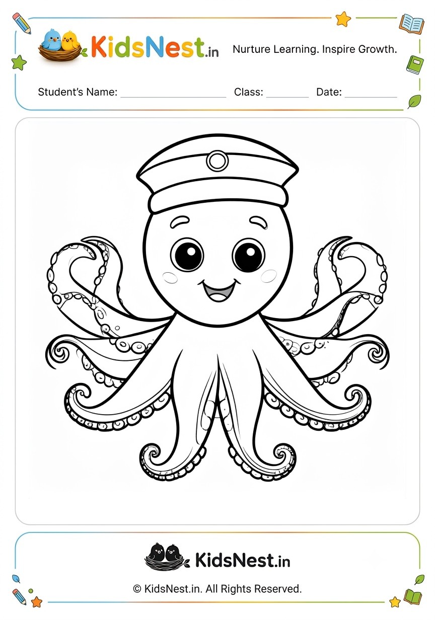 Octopus in Sailor Hat Coloring Worksheet