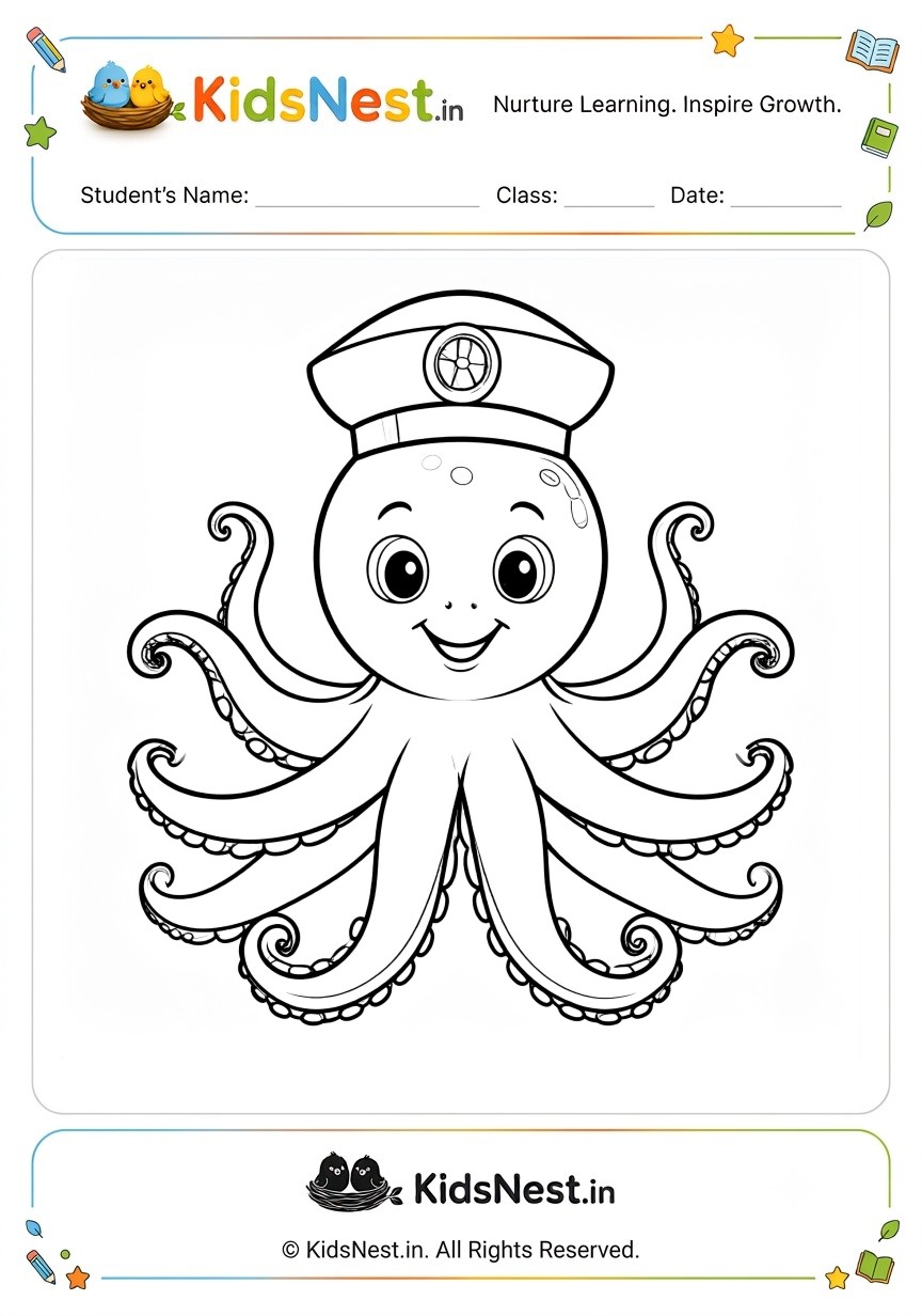 Octopus Sailor Coloring Worksheet | Free Printable for Kids