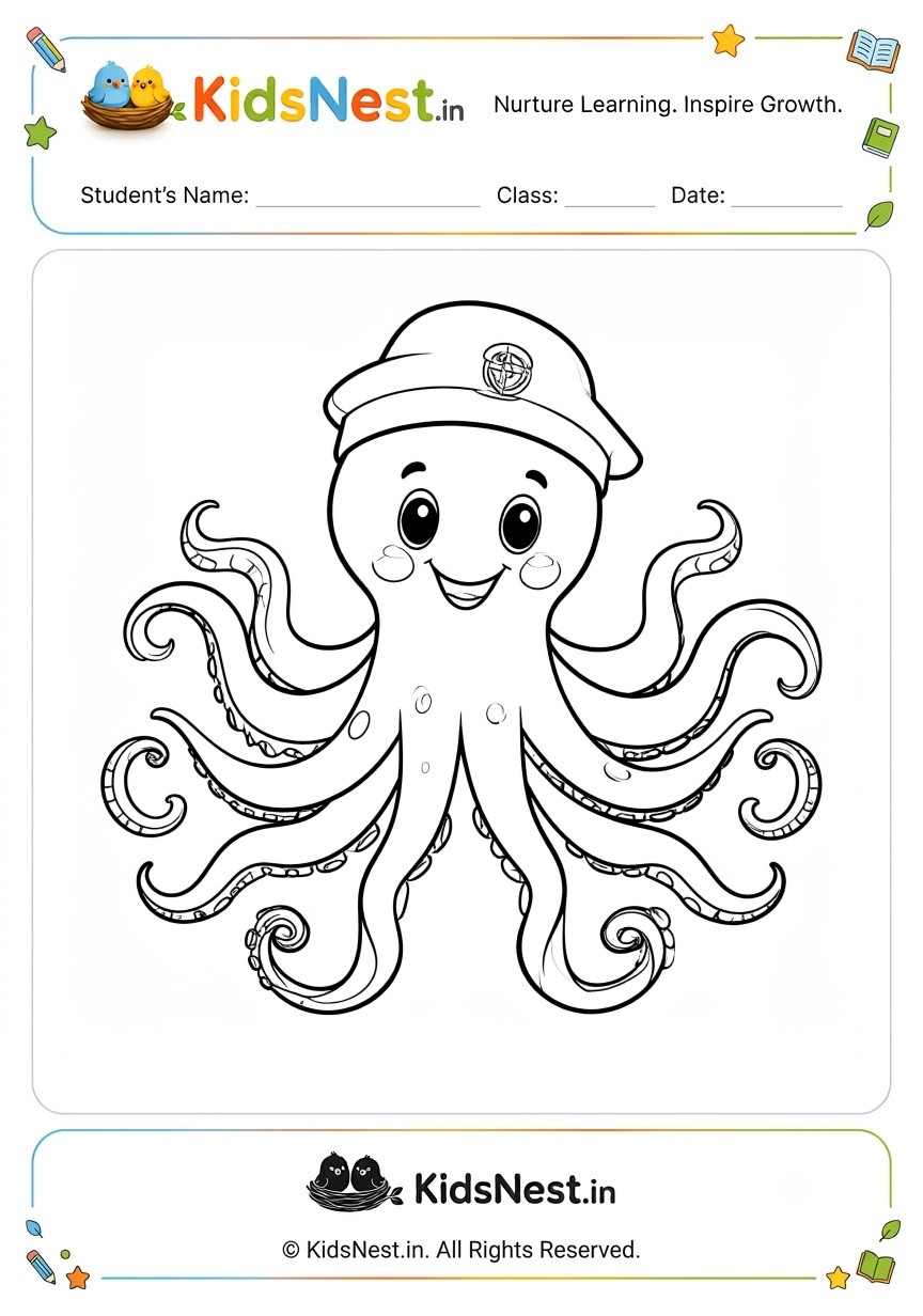 Octopus Wearing a Hat Coloring Worksheet