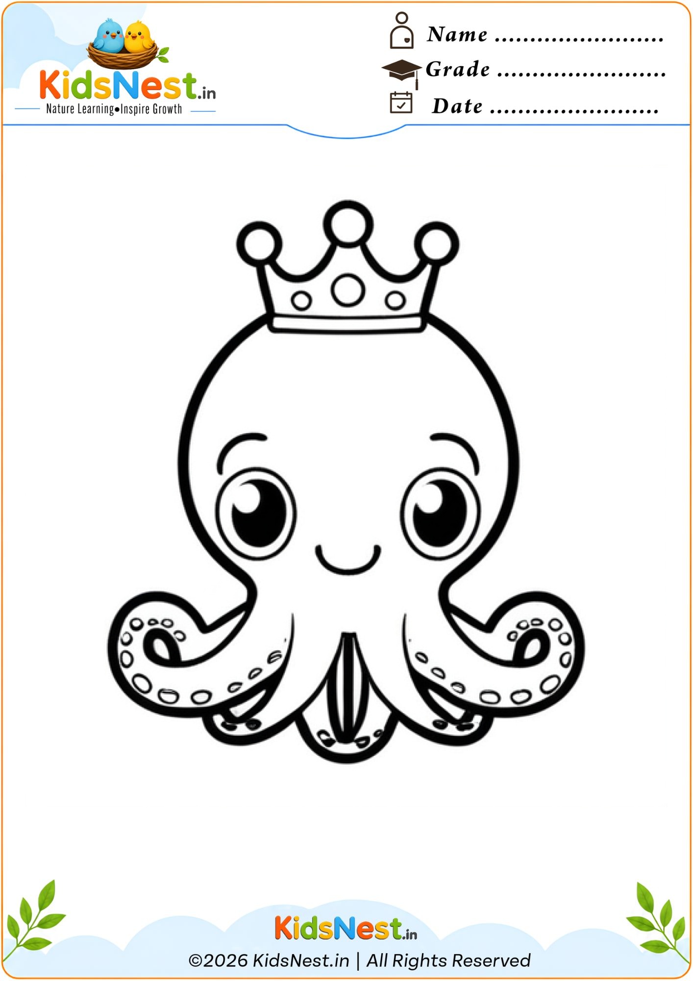 Octopus with Crown Coloring Page | Free Printable for Kids