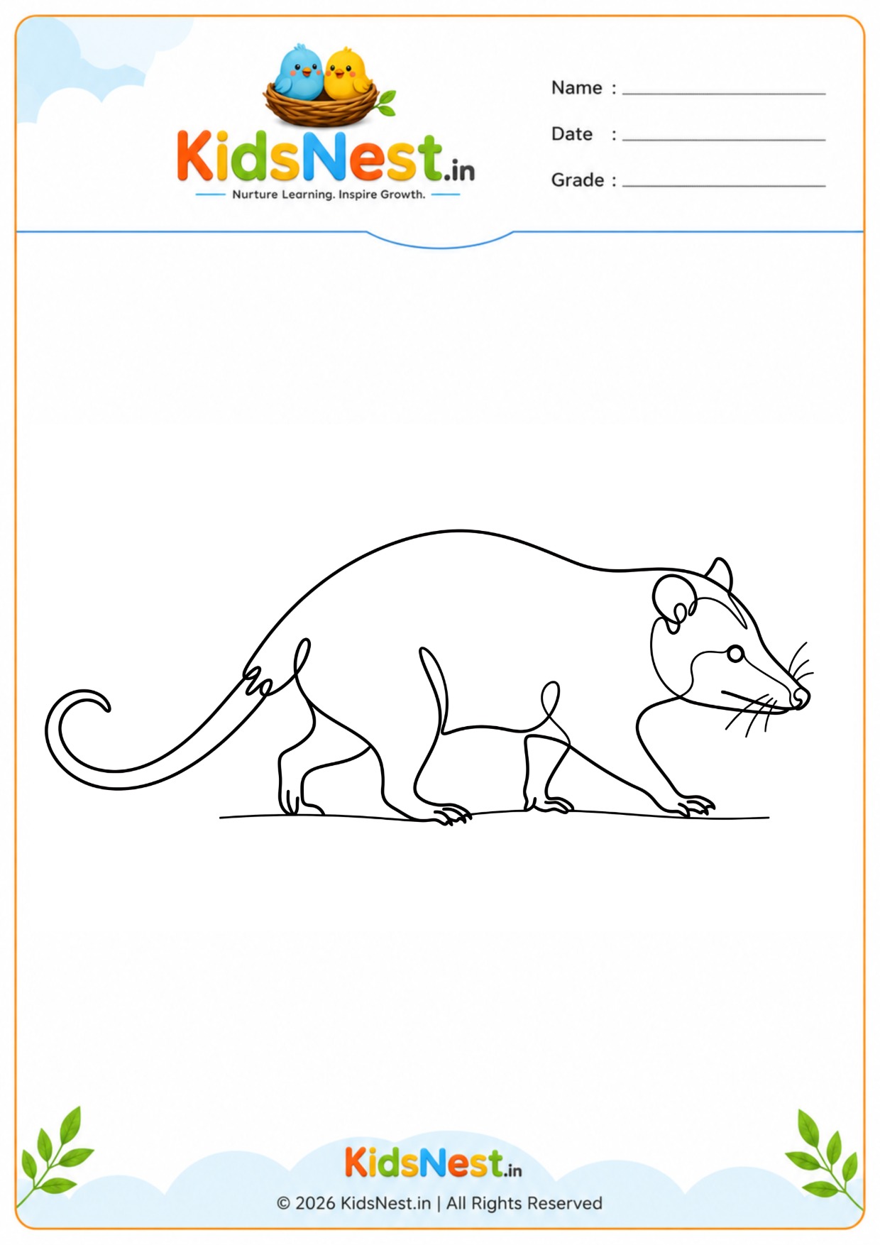 Printable Opossum Coloring Page for Kids | Free Animal Worksheet