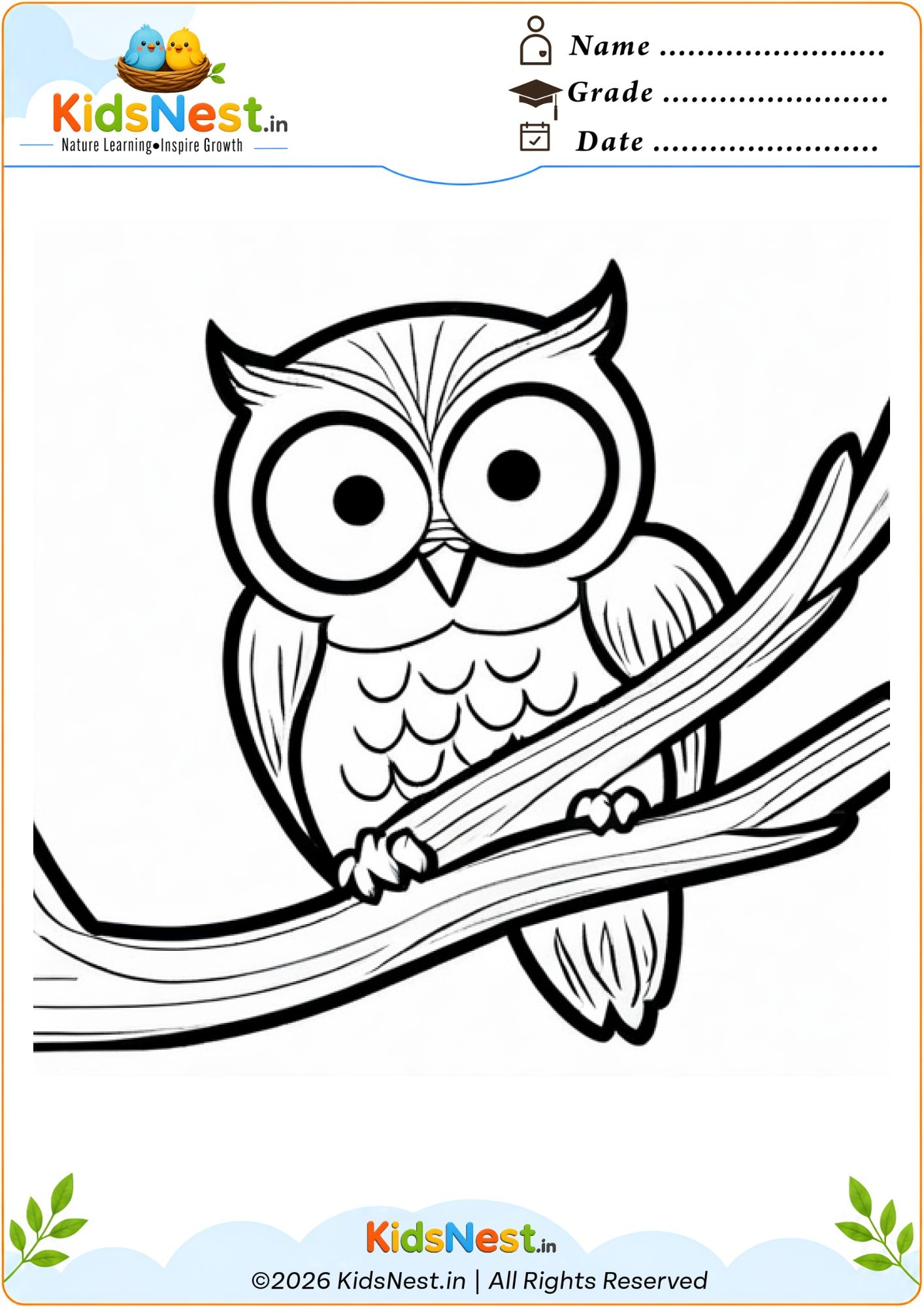 Owl on a Tree Branch Coloring Worksheet for Kids | Printable