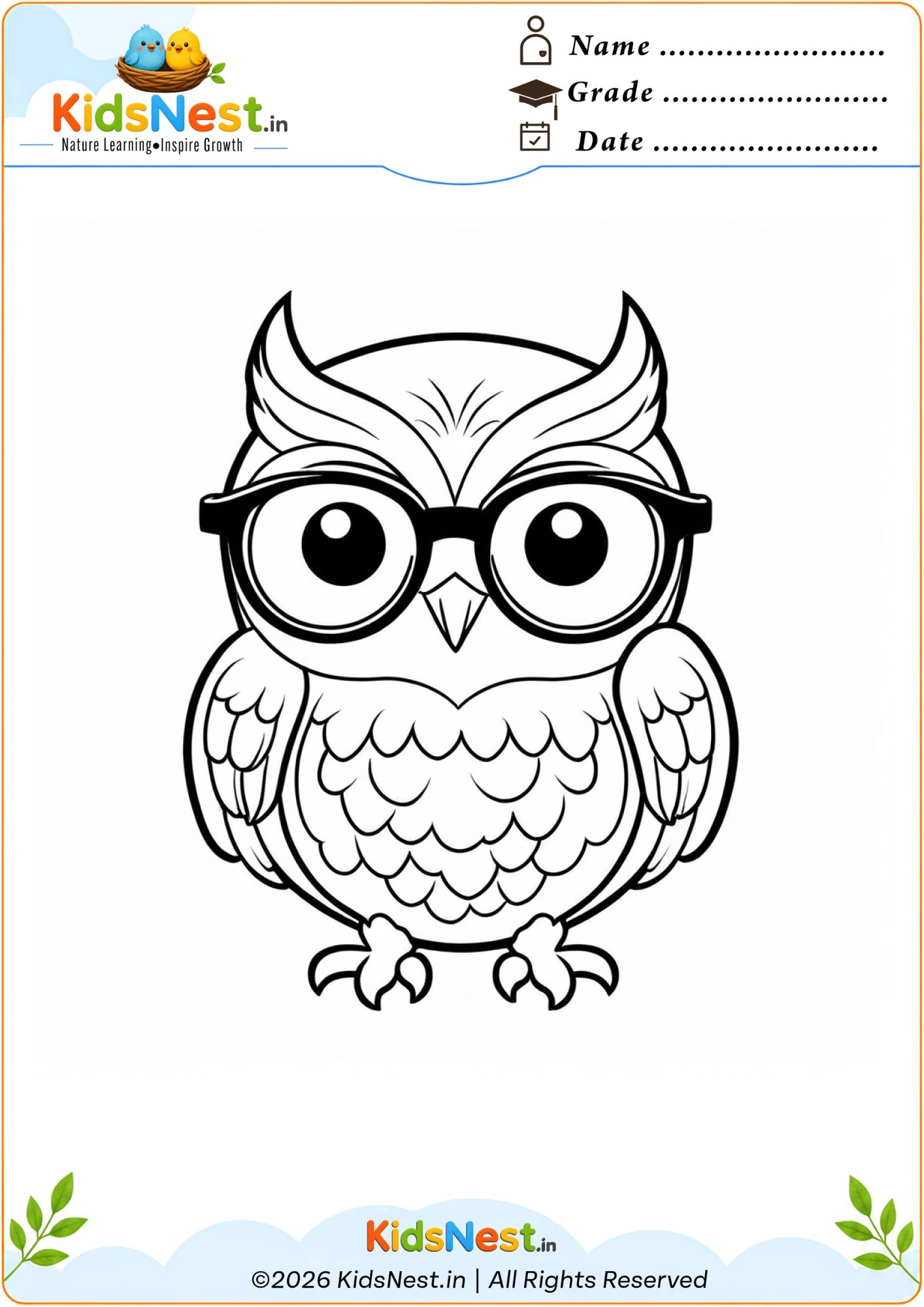 Owl with Glasses Coloring Page for Kids | Printable PDF