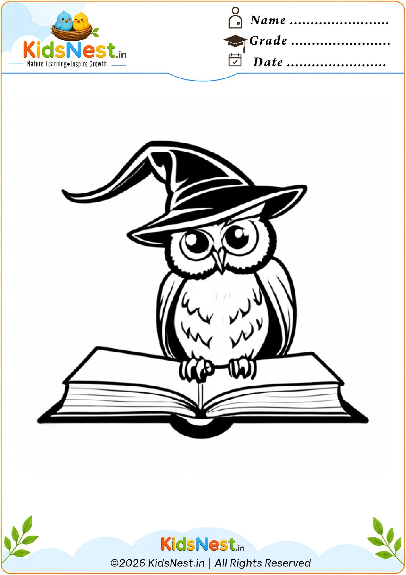 Printable Owl with Witch Hat Coloring Page for Kids