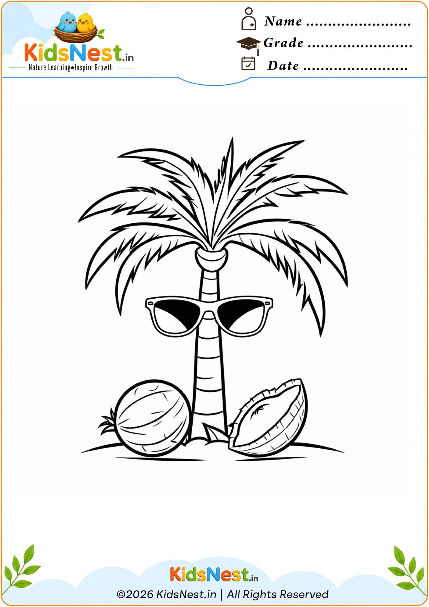 Palm Tree with Sunglasses Coloring Page | Printable for Kids