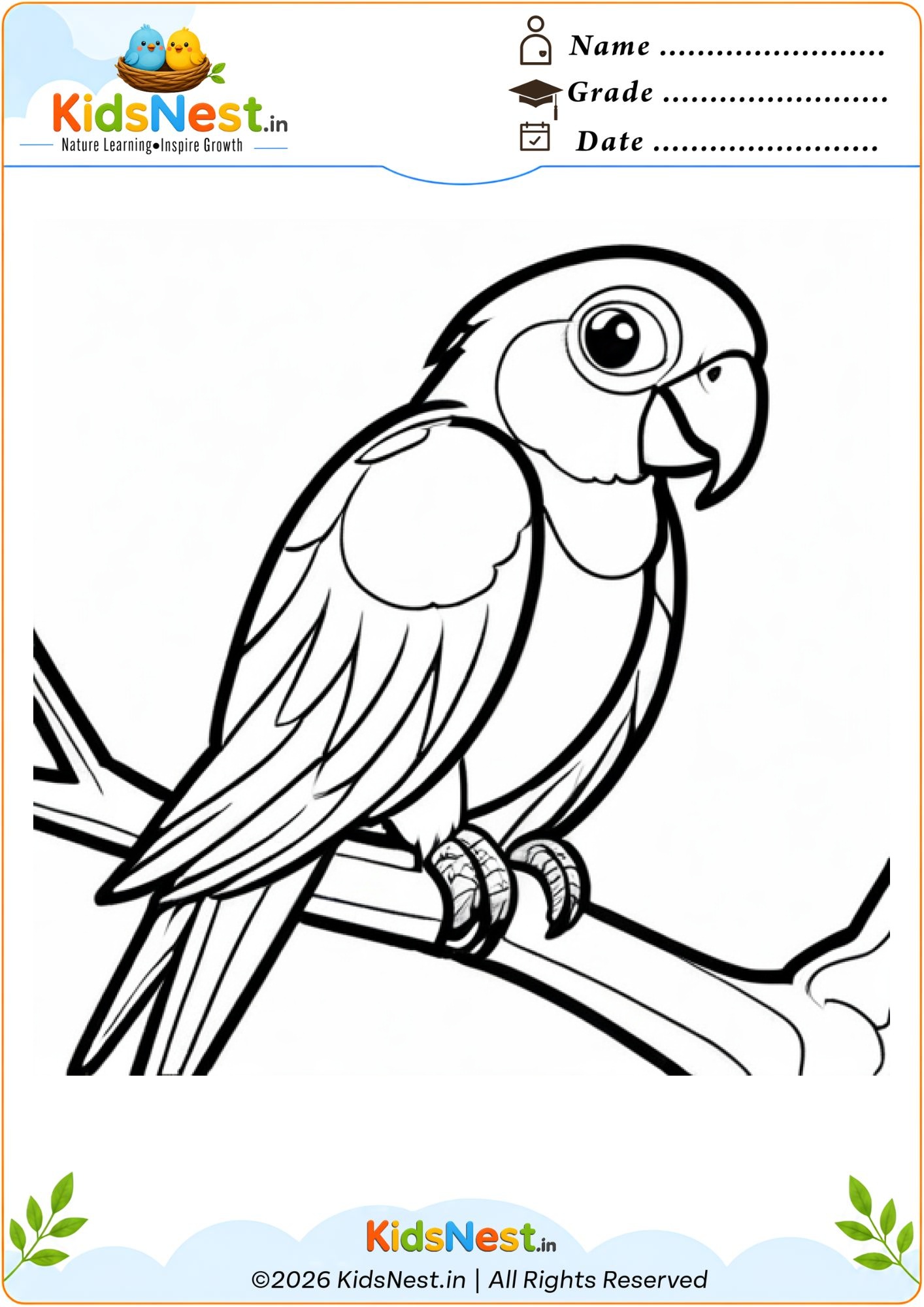 Printable Parrot on a Branch Coloring Worksheet for Kids