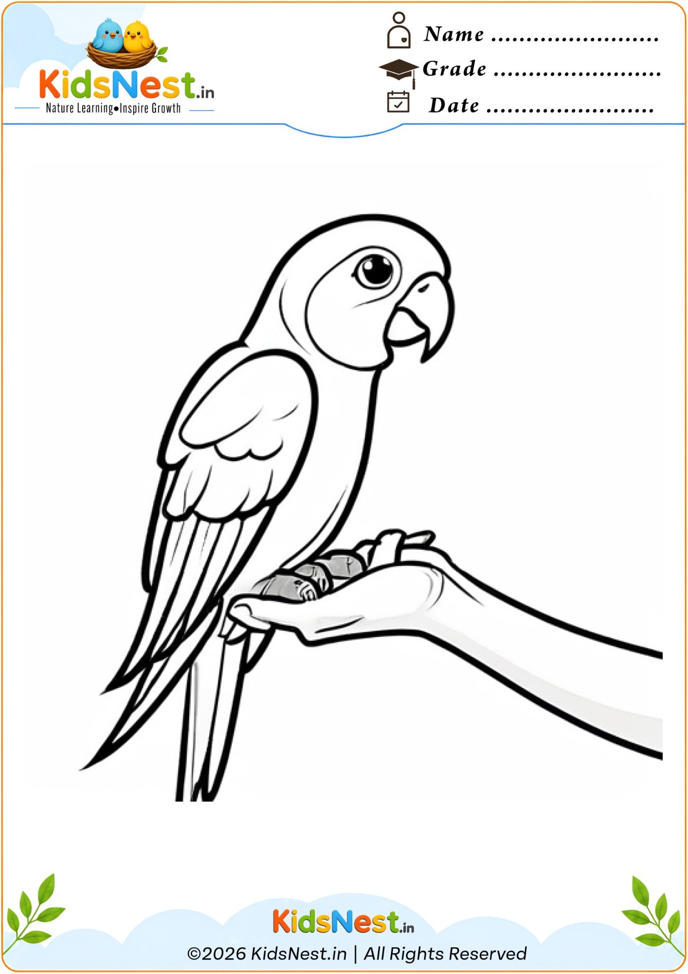 Printable Parrot on Hand Coloring Worksheet for Kids