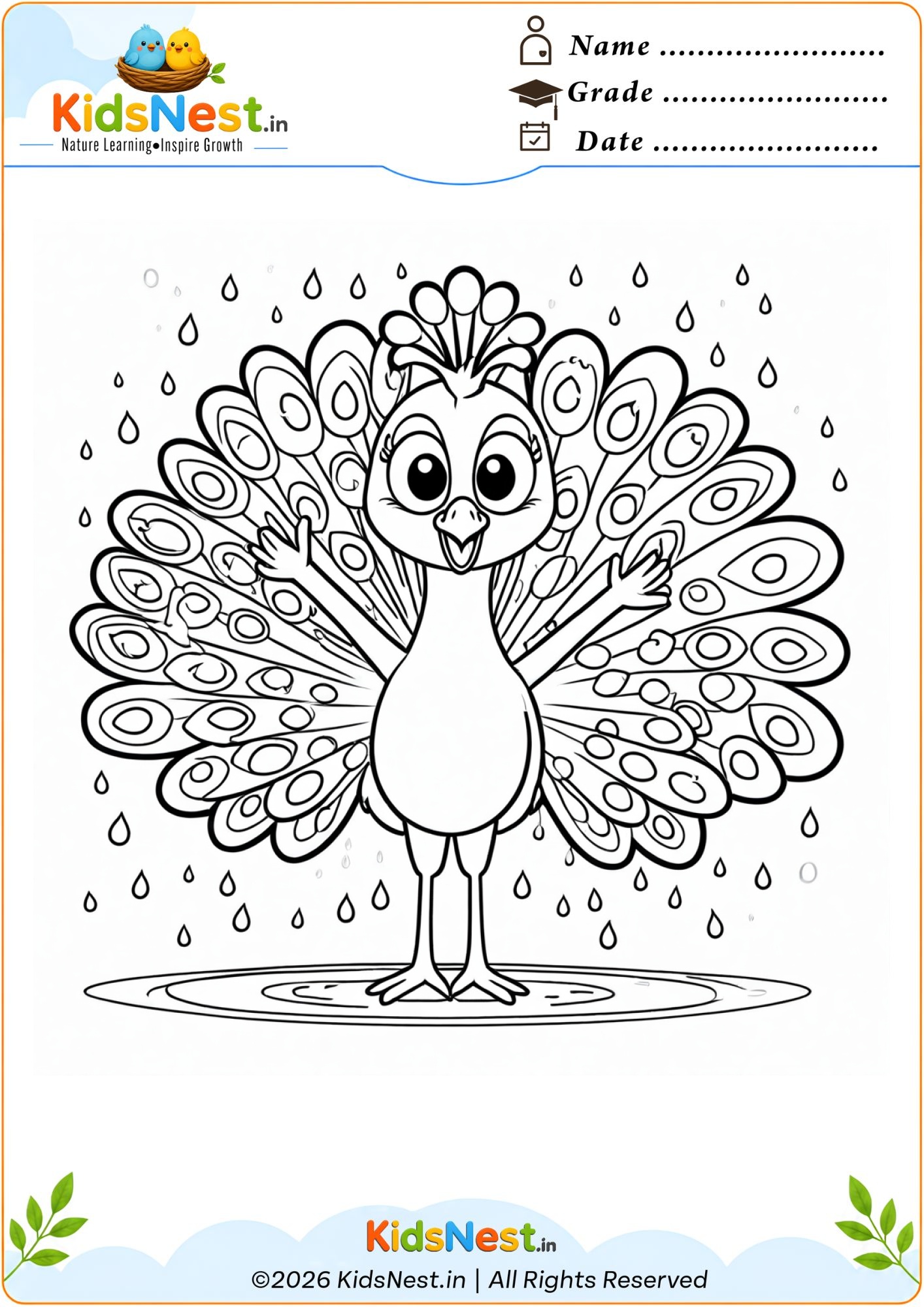 Peacock in the Rain Coloring Page | Printable for Kids