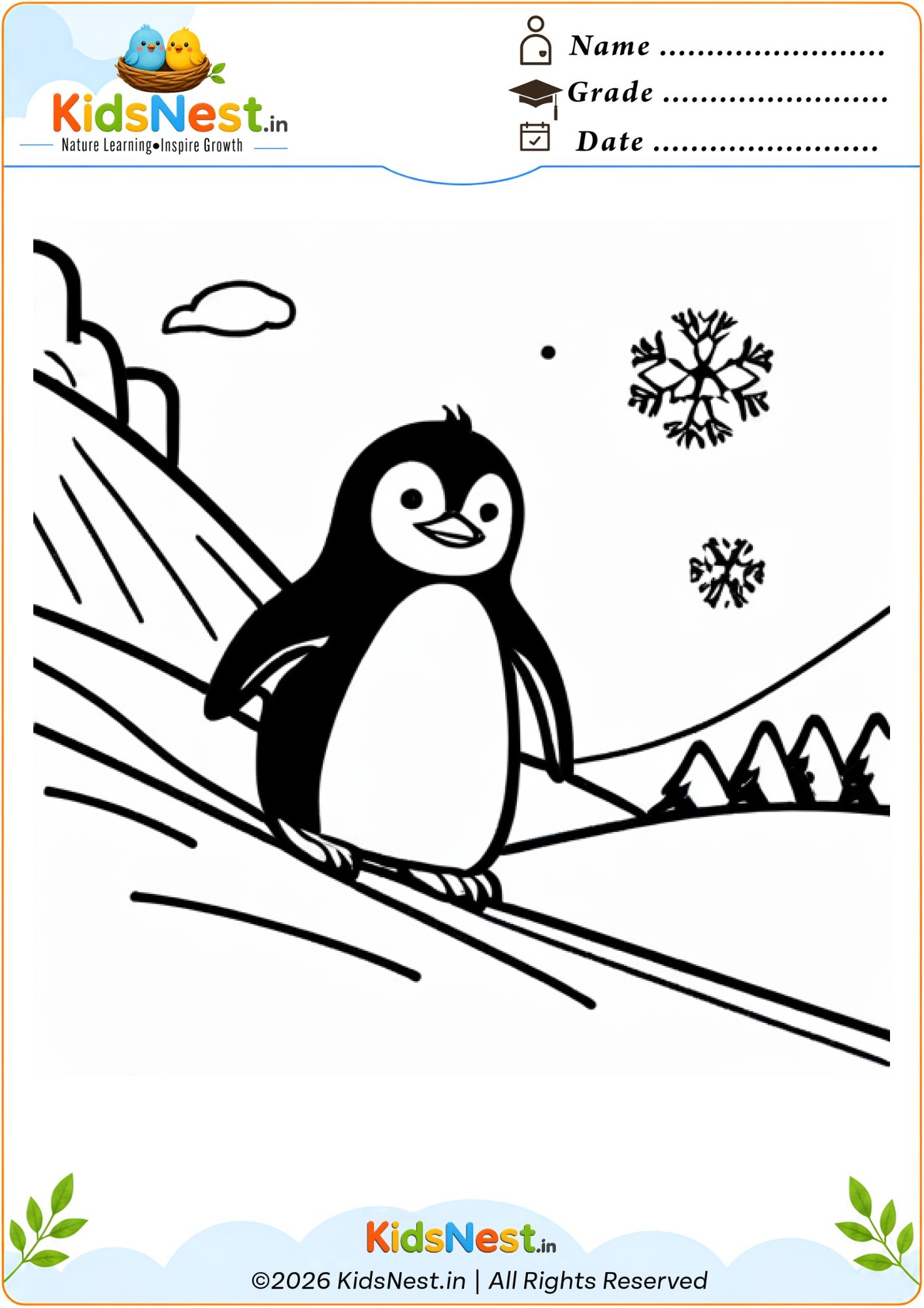 Penguin Winter Snow Skiing Coloring Page | Printable for Kids