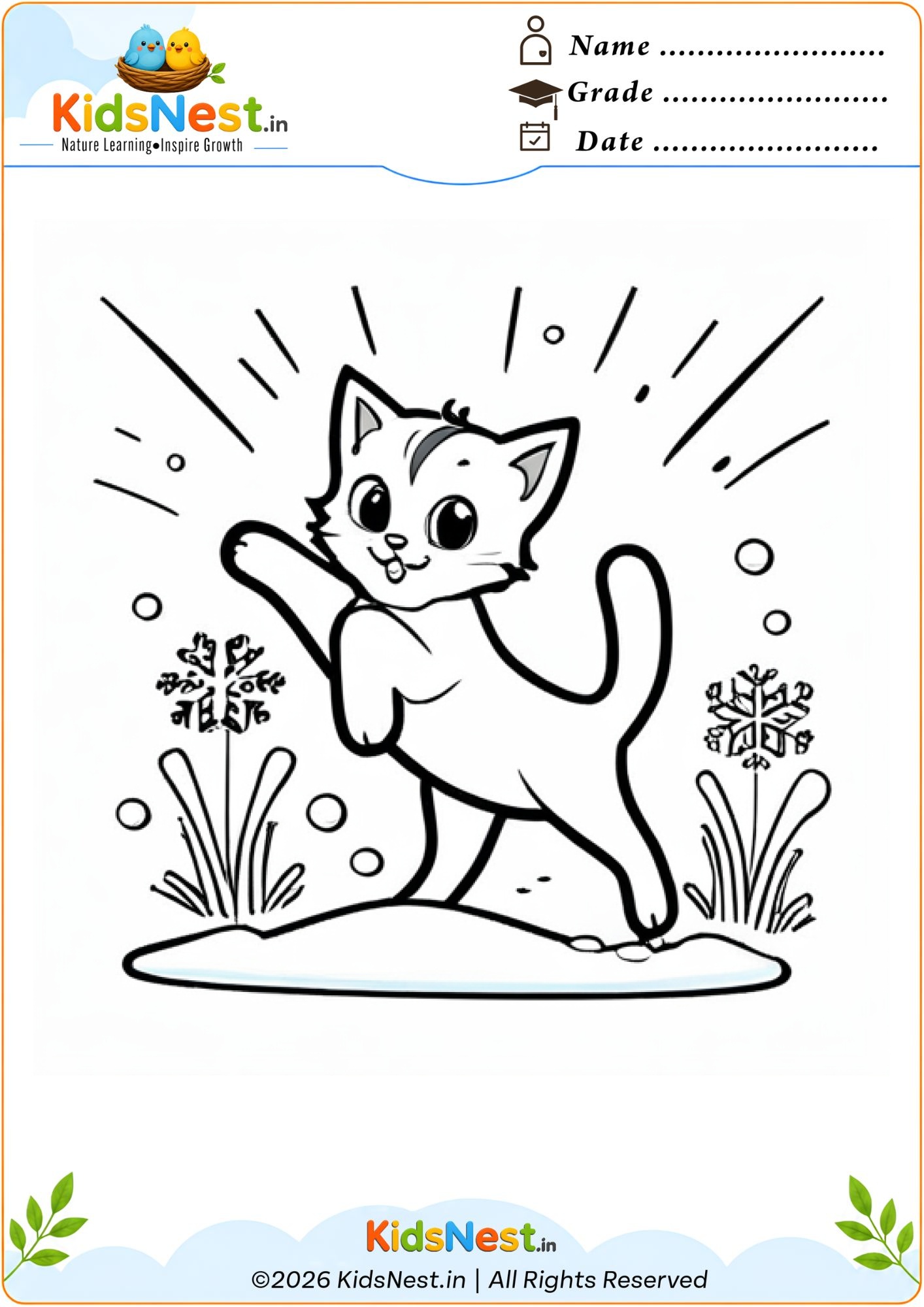 Playful Cat Winter Coloring Page | Printable for Kids