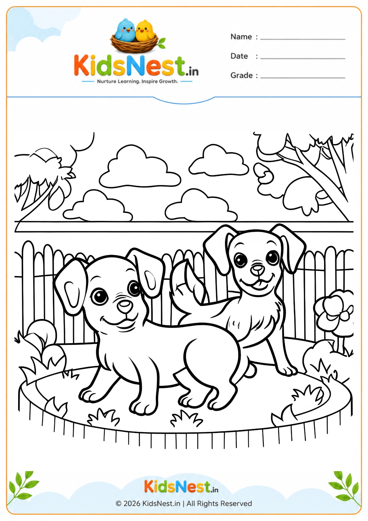 Playful Puppies Garden Coloring Page | Printable for Kids
