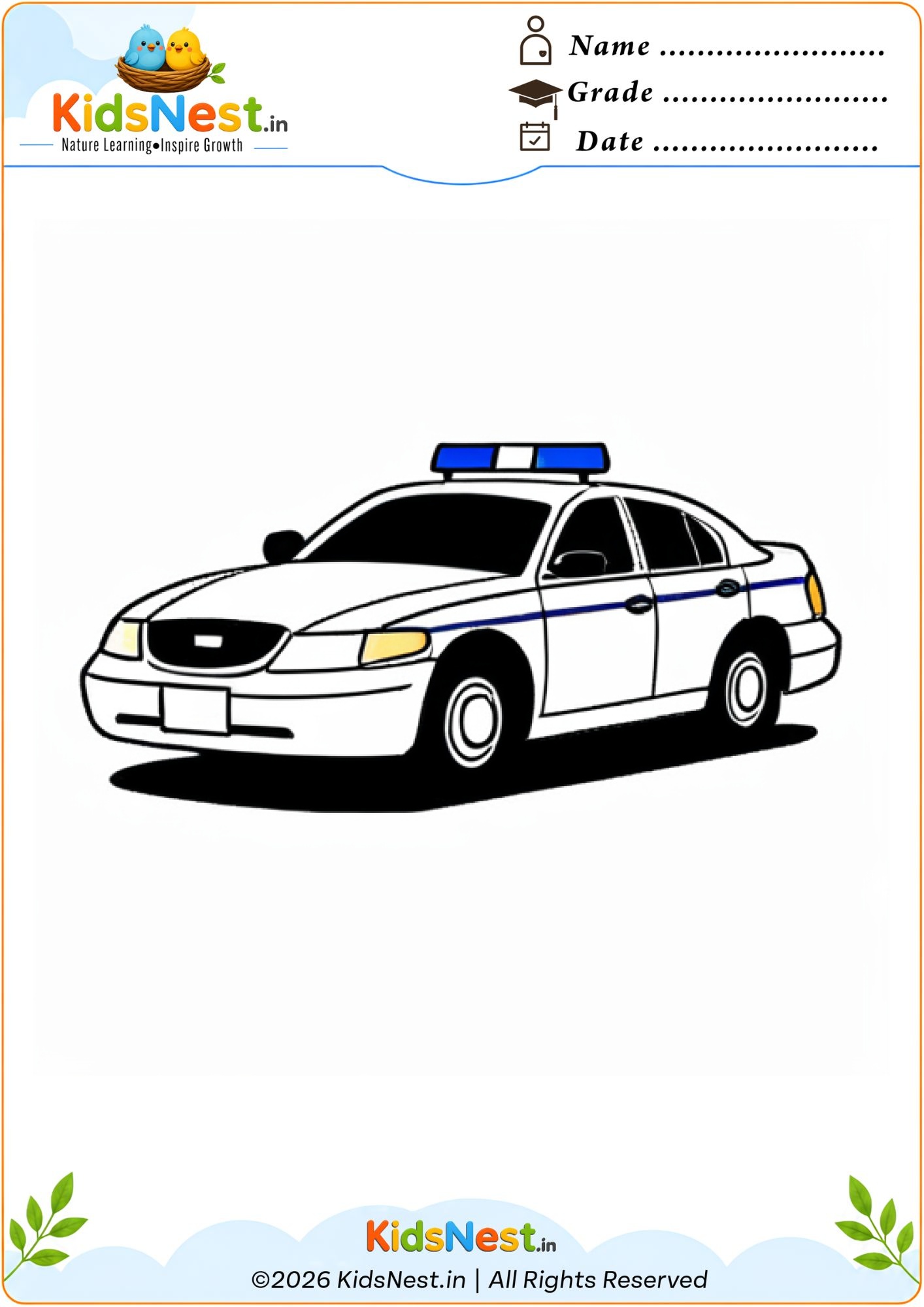 Free Police Car Coloring Worksheet for Kids | Printable PDF