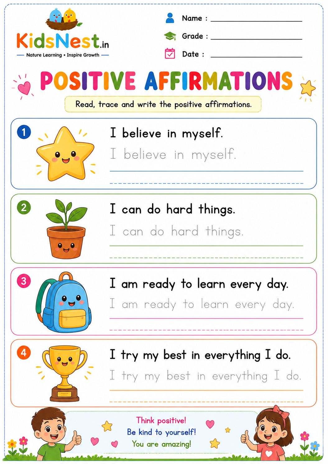 Positive Affirmations Handwriting Practice Worksheet | Printable