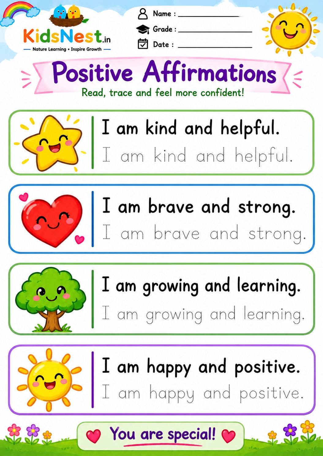 Positive Affirmations Tracing Worksheet for Kids | Printable