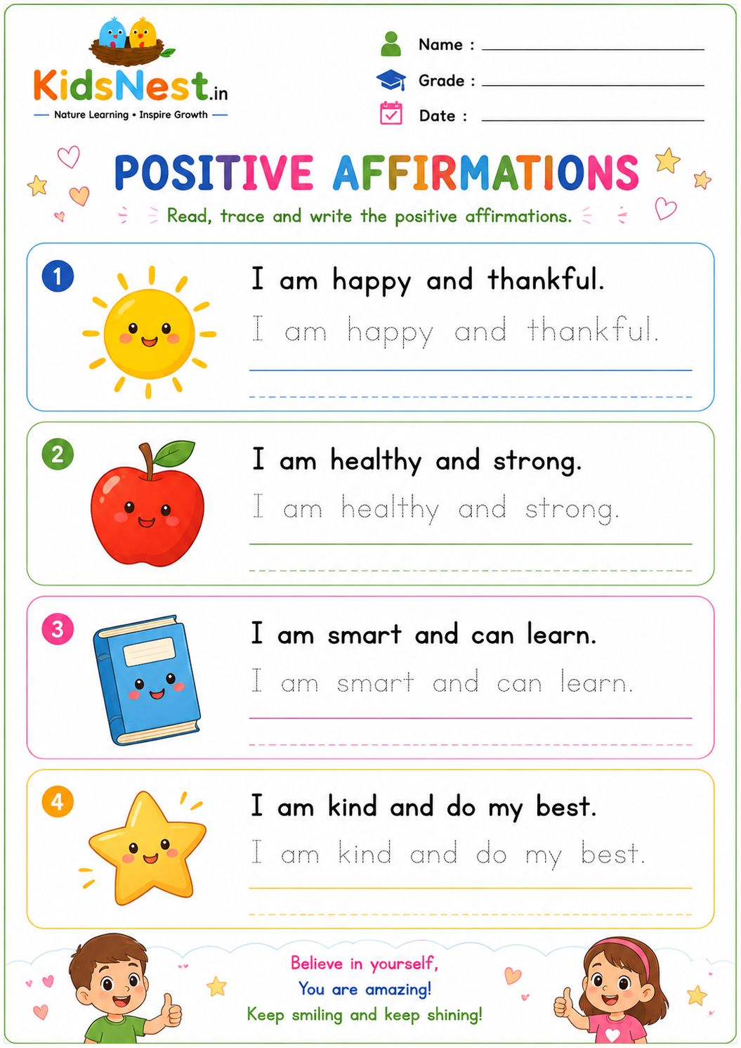 Positive Affirmations Tracing Worksheets for Kids | Printable