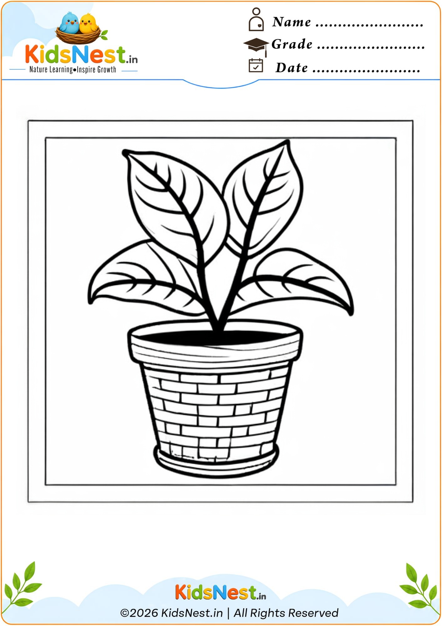 Printable Potted Plant Coloring Worksheet for Kids
