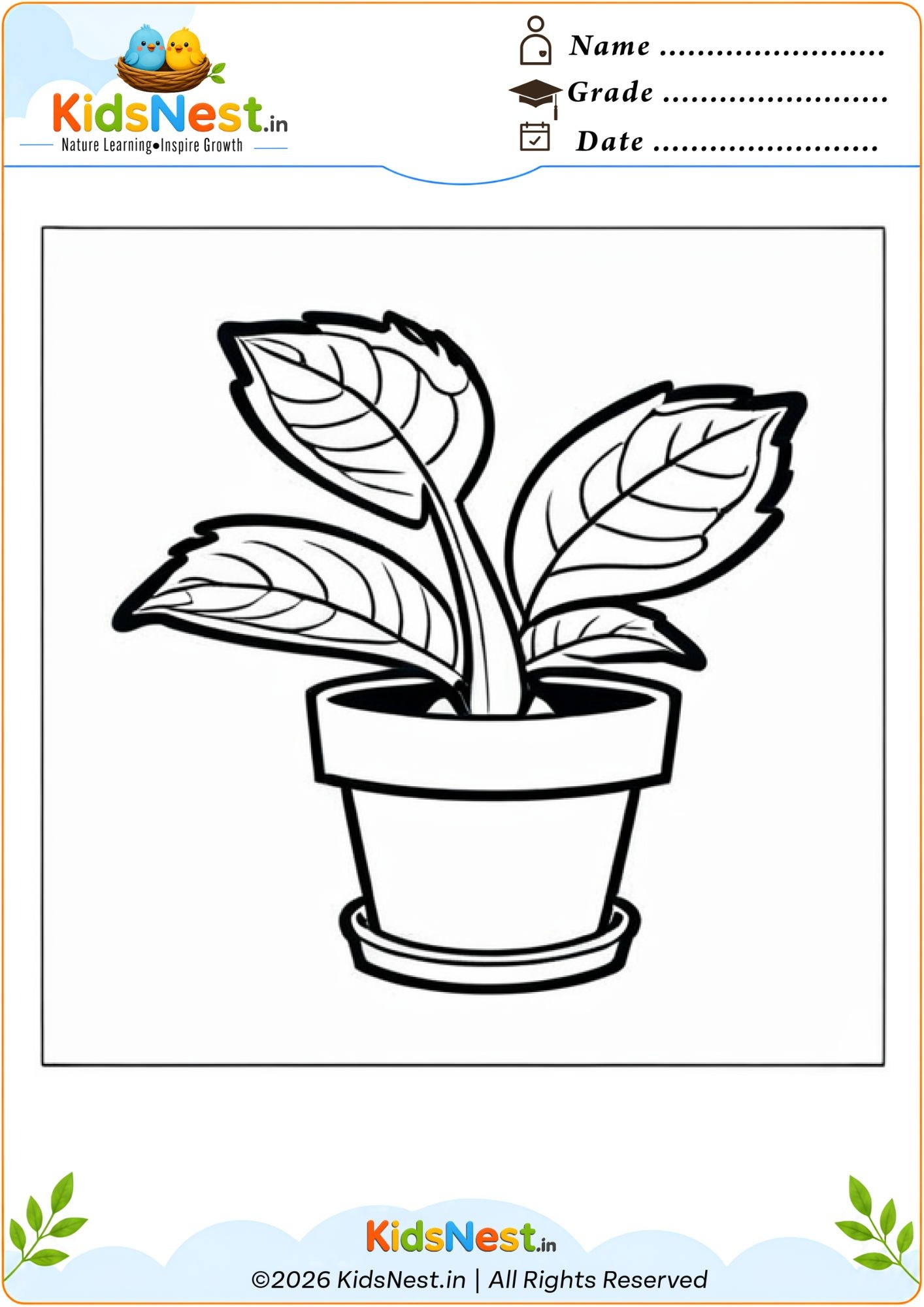 Printable Potted Plant Coloring Worksheet for Kids