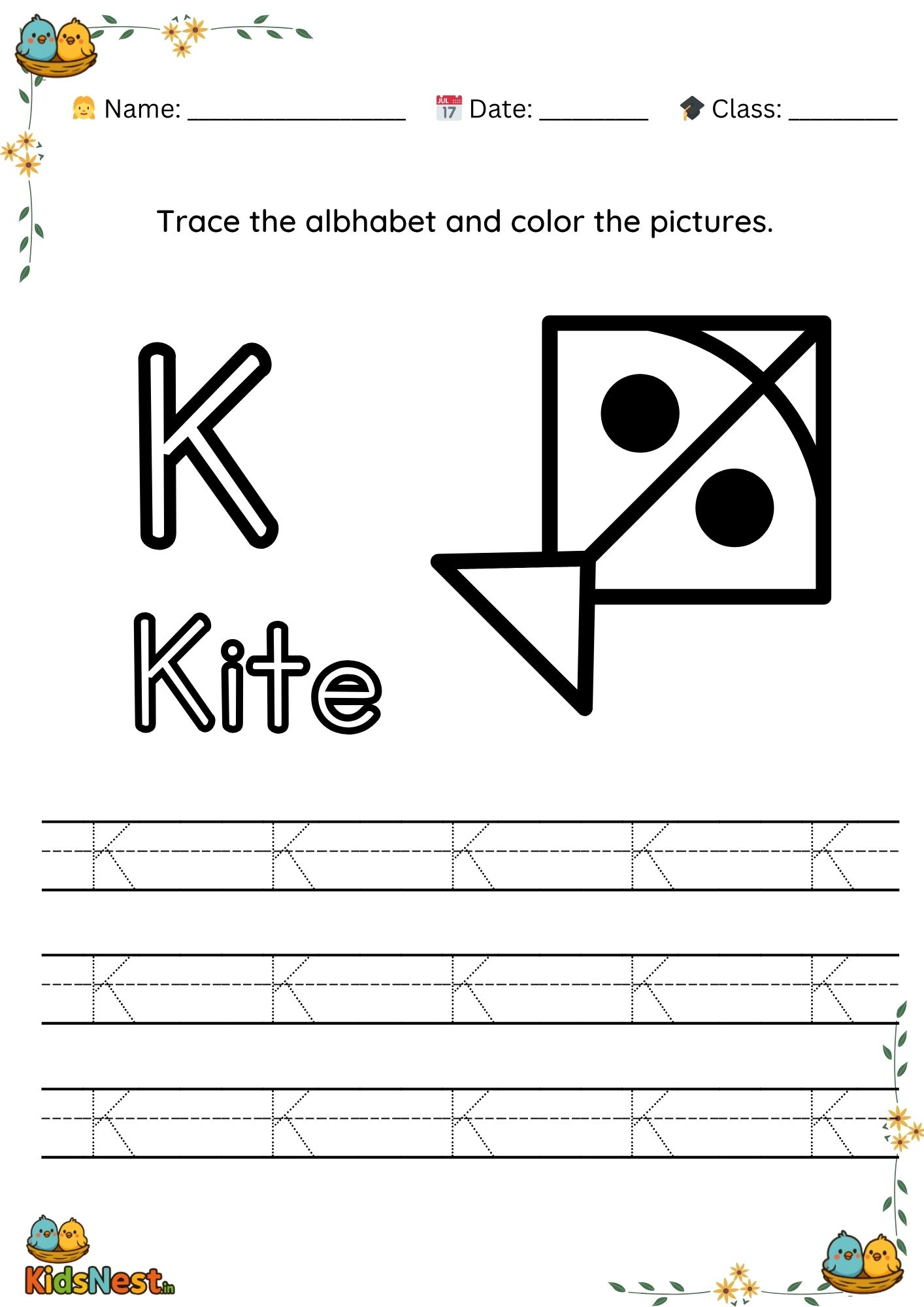 Printable Alphabet K Tracing Worksheet for Preschoolers