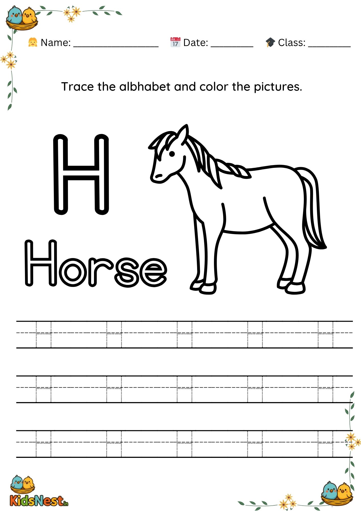 Preschool Letter H Tracing Worksheet | Printable Activity