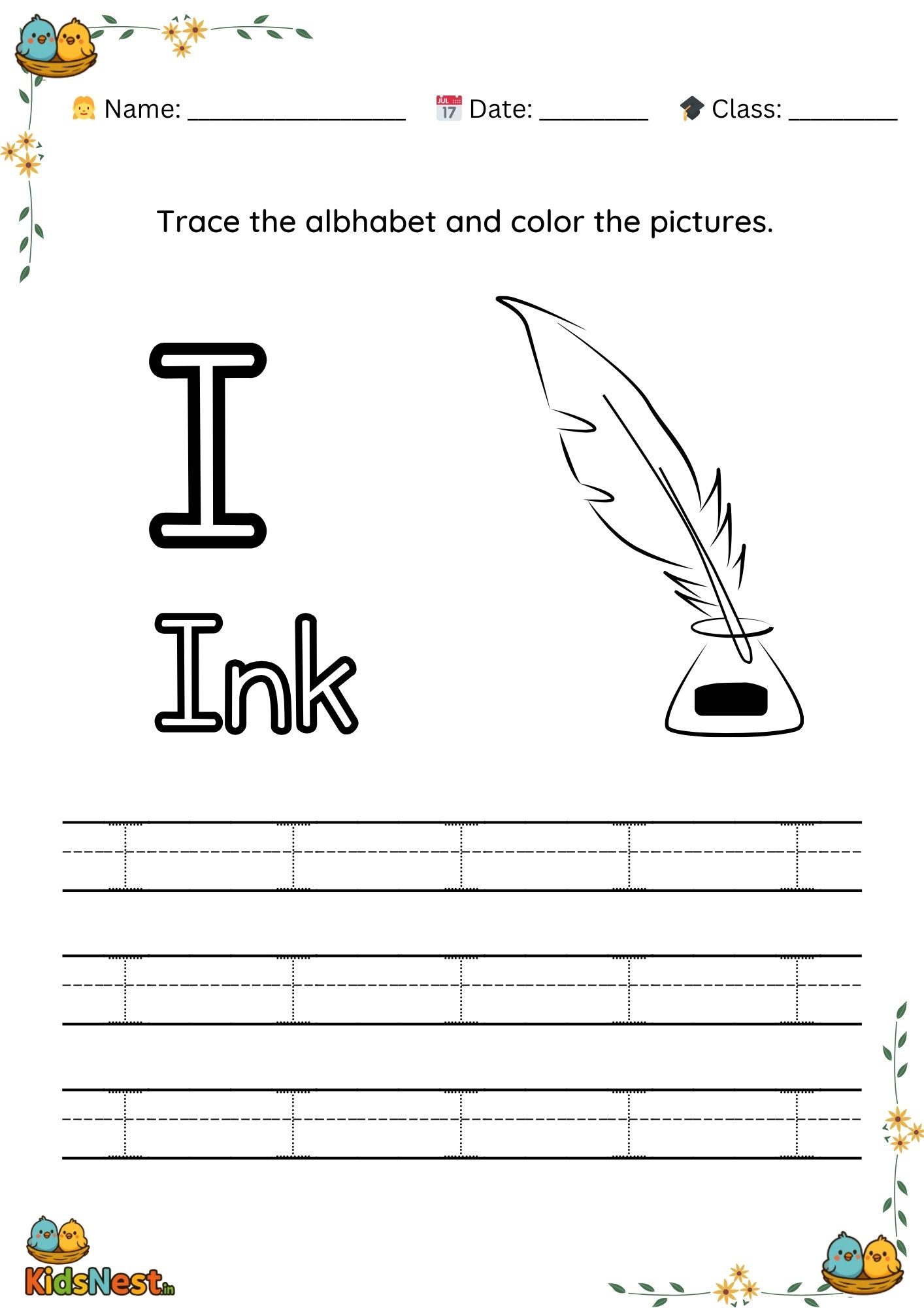Printable Letter I Tracing Worksheet for Preschoolers