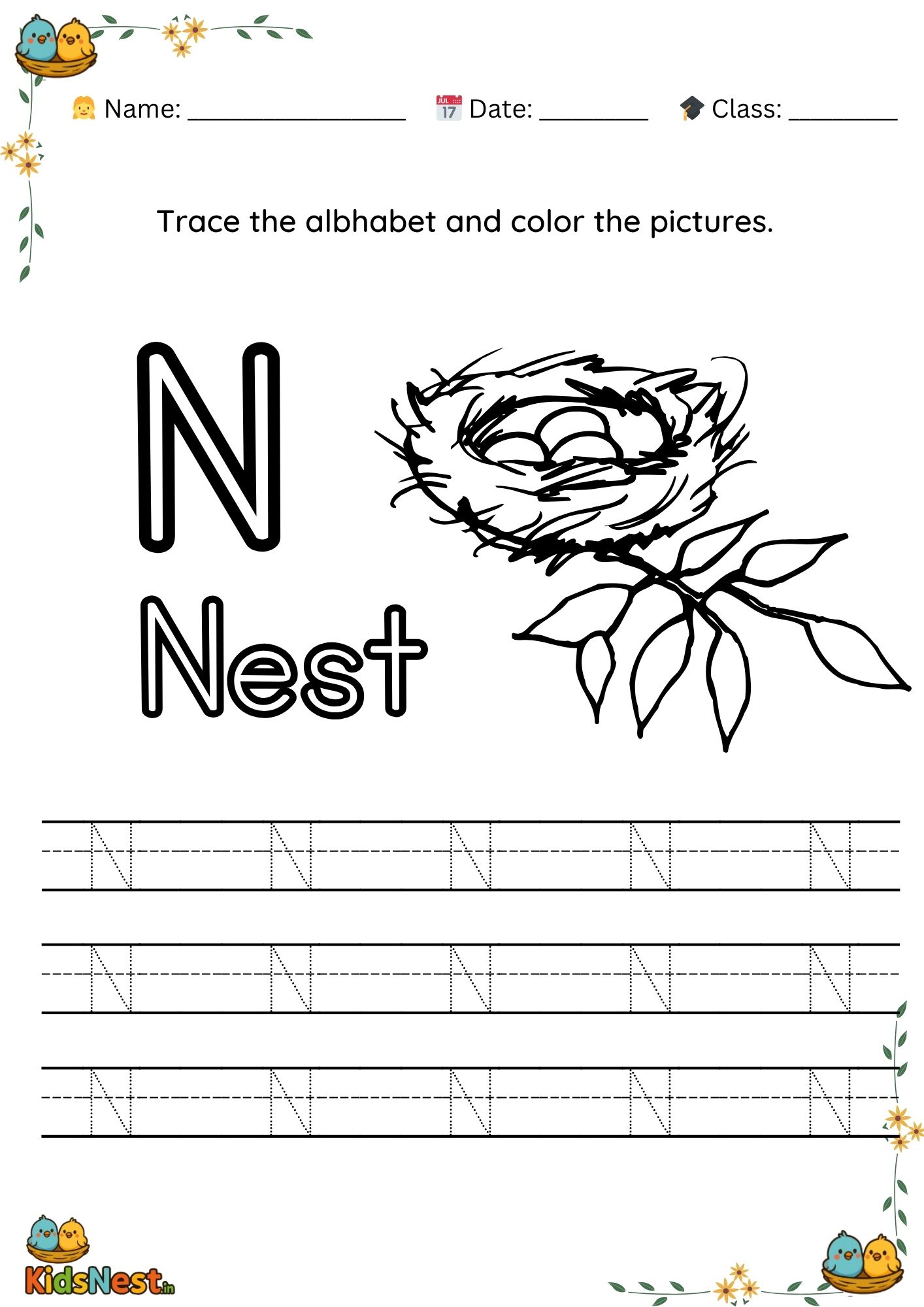 Preschool Letter N Tracing Worksheet | Printable Activity