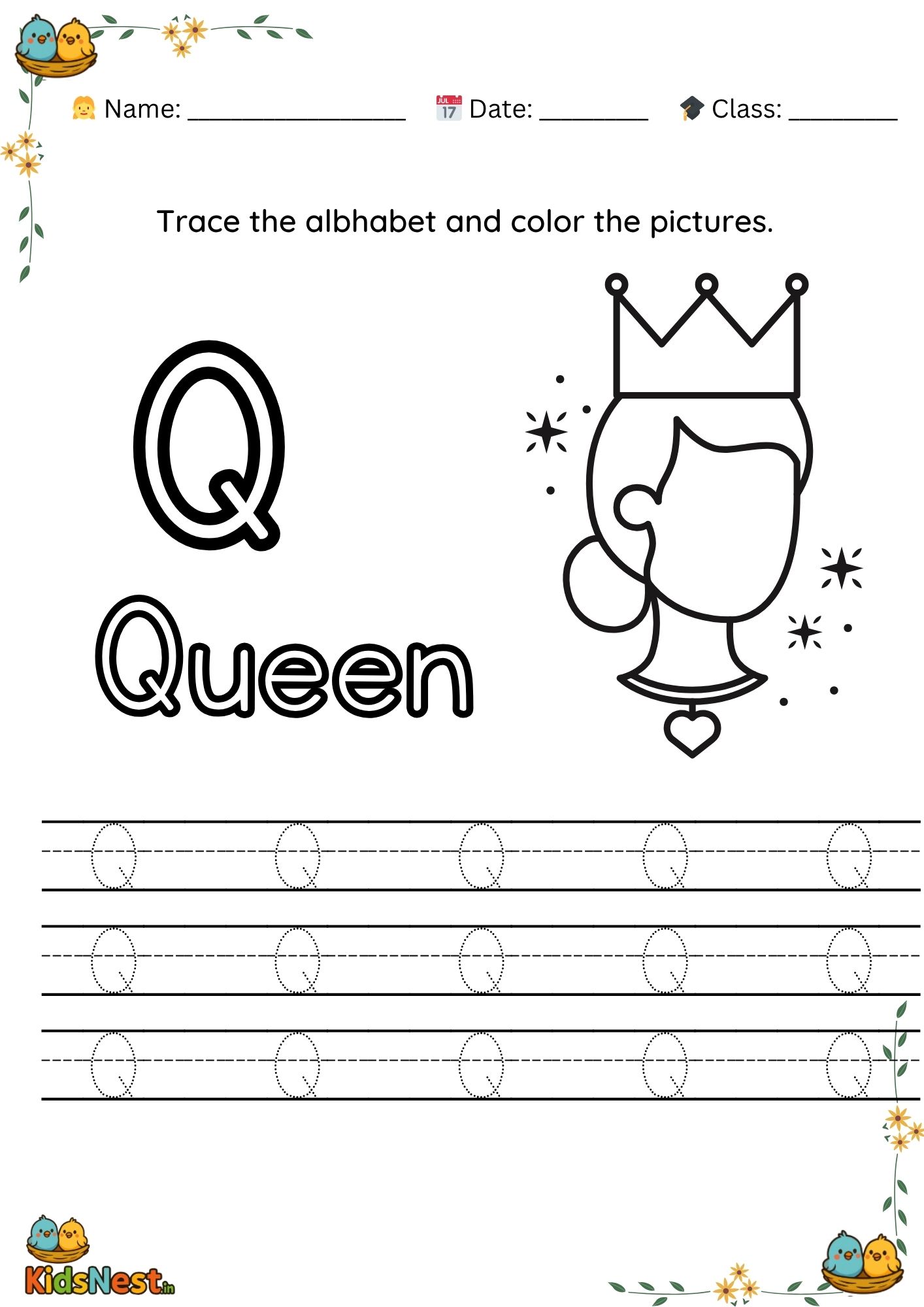 Preschool Letter Q Tracing Worksheet | Printable Kids Activity