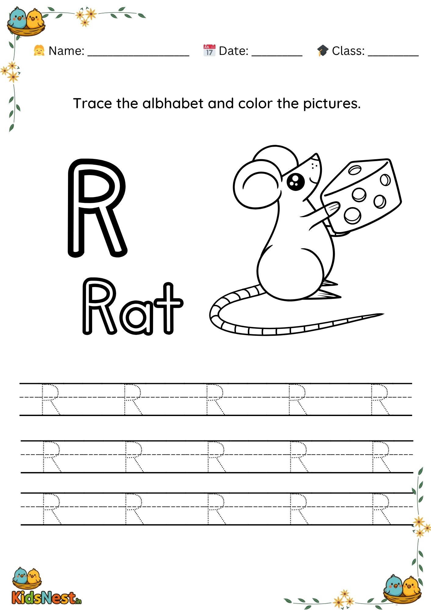 Letter R Tracing Worksheet: Preschool Printable Activity
