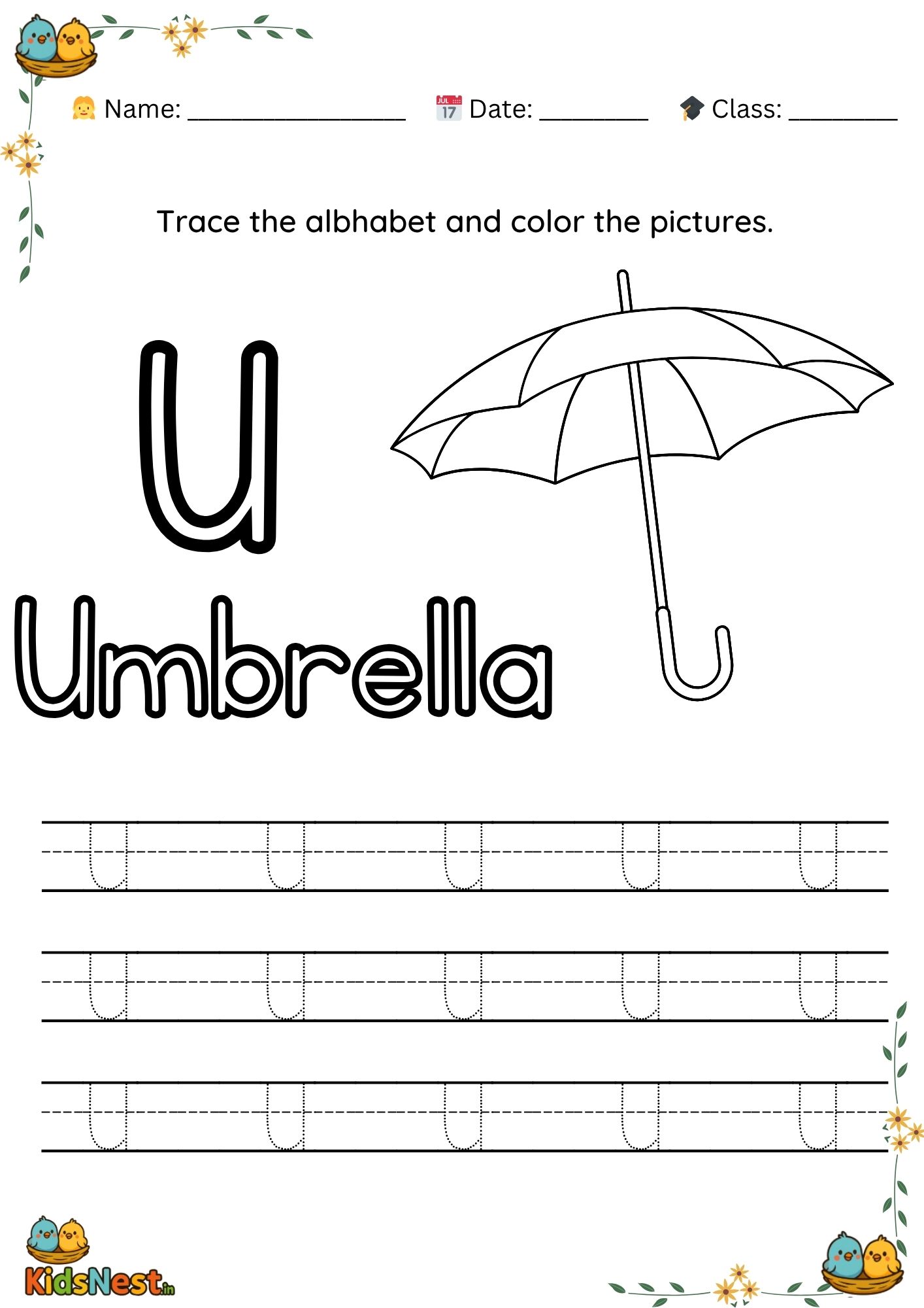 Preschool Letter U Tracing Worksheet - Free Printable