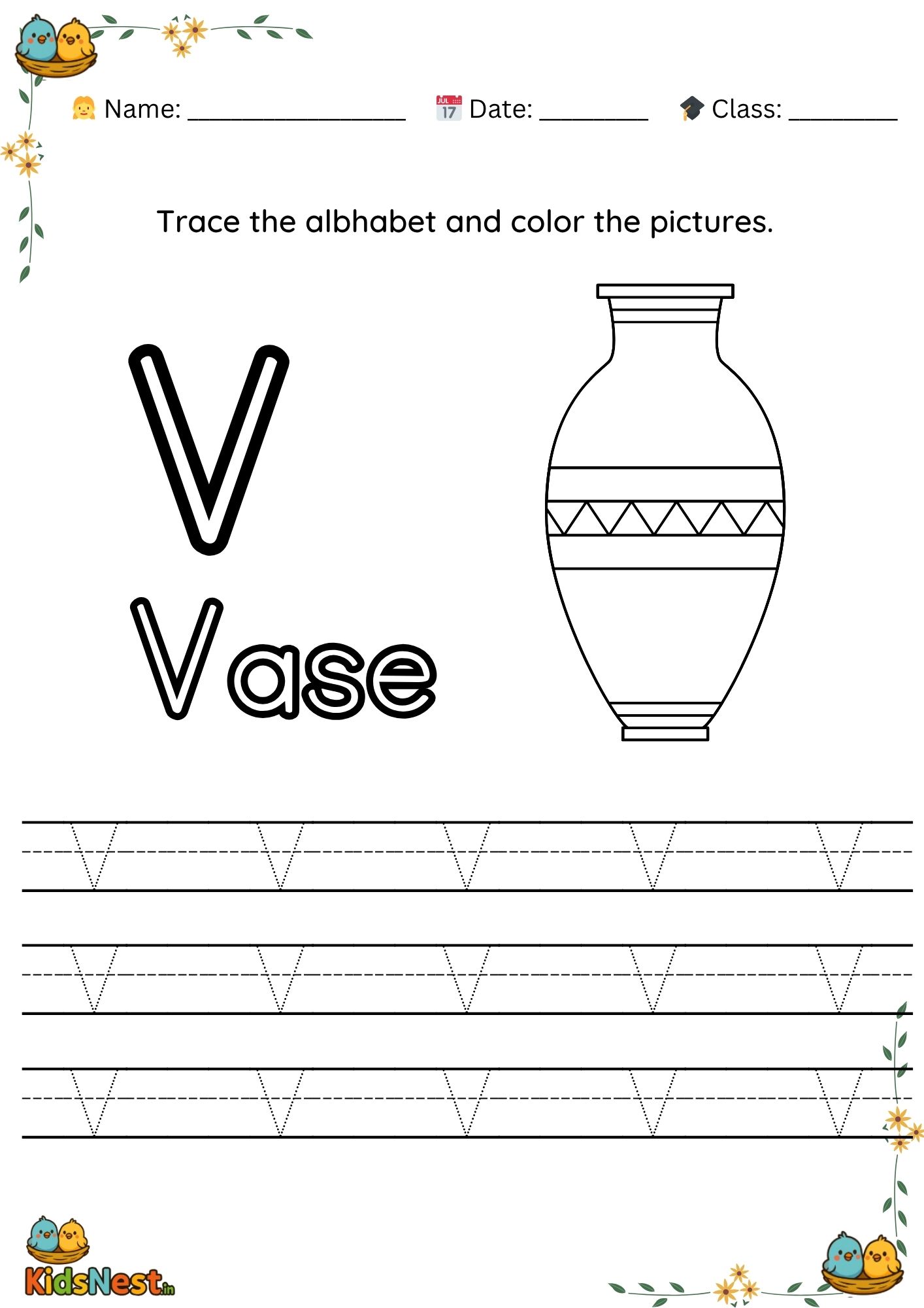 Preschool Letter V Tracing Worksheet | Kids Printable