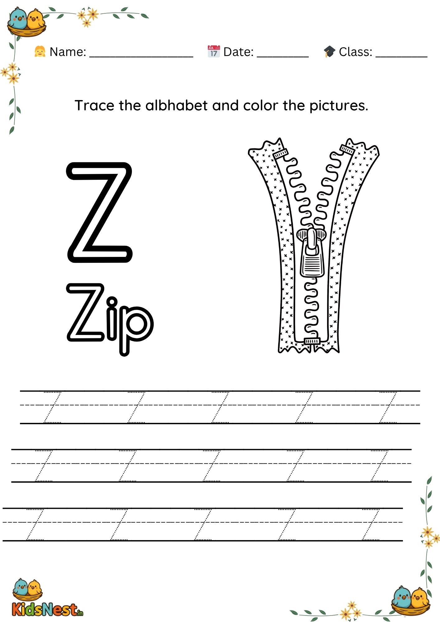 Printable Letter Z Tracing Worksheet | Preschool Kids