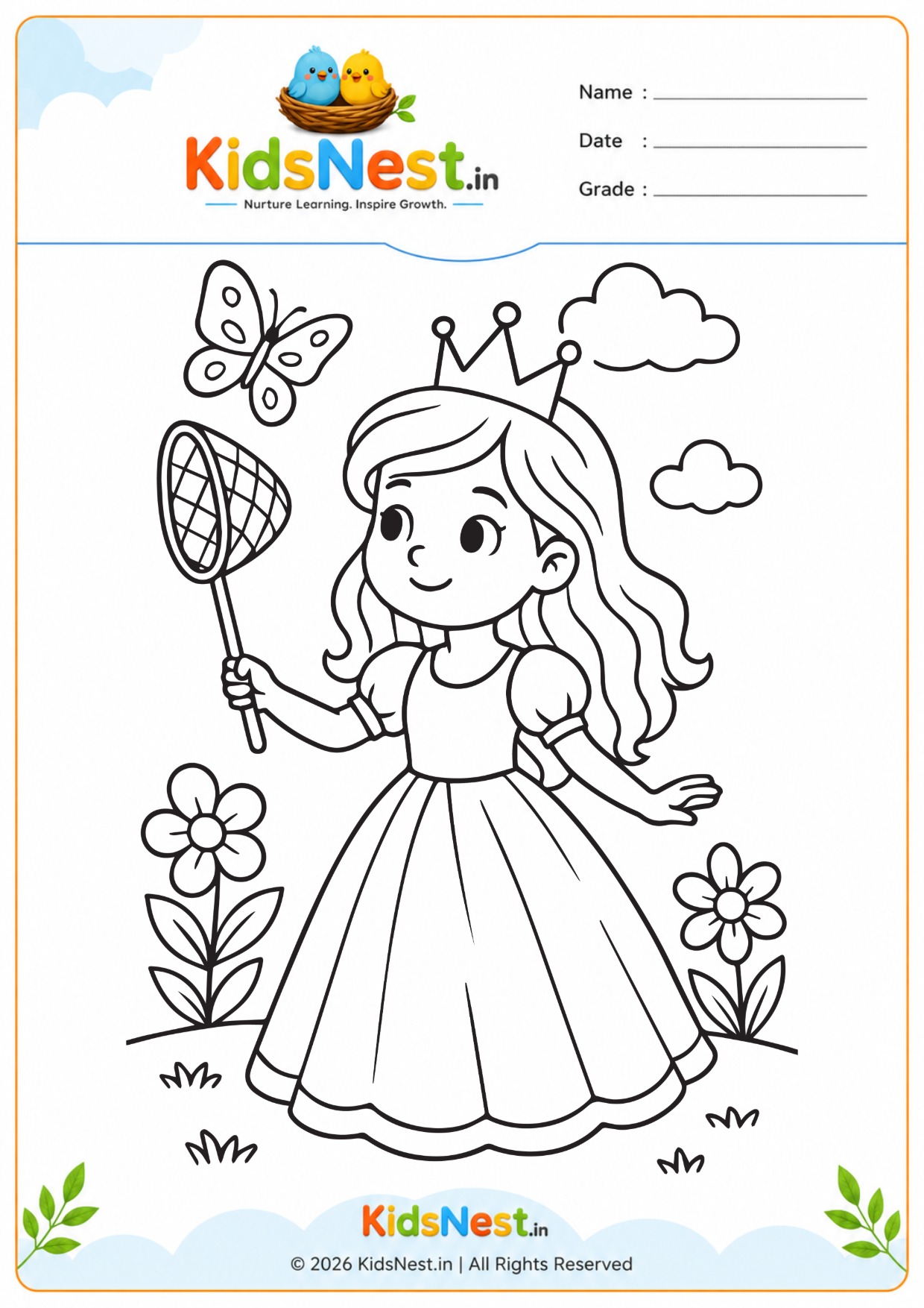 Princess Butterfly Catching Coloring Page | Printable for Kids