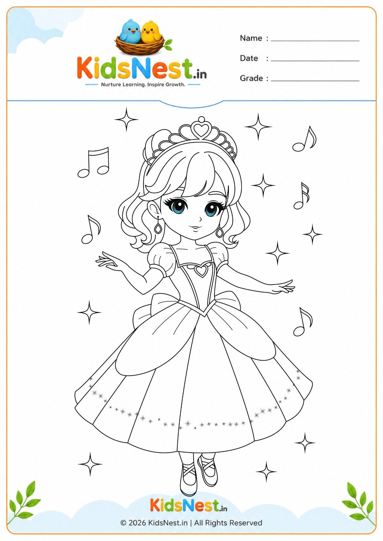 Free Printable Princess Coloring Worksheet for Kids