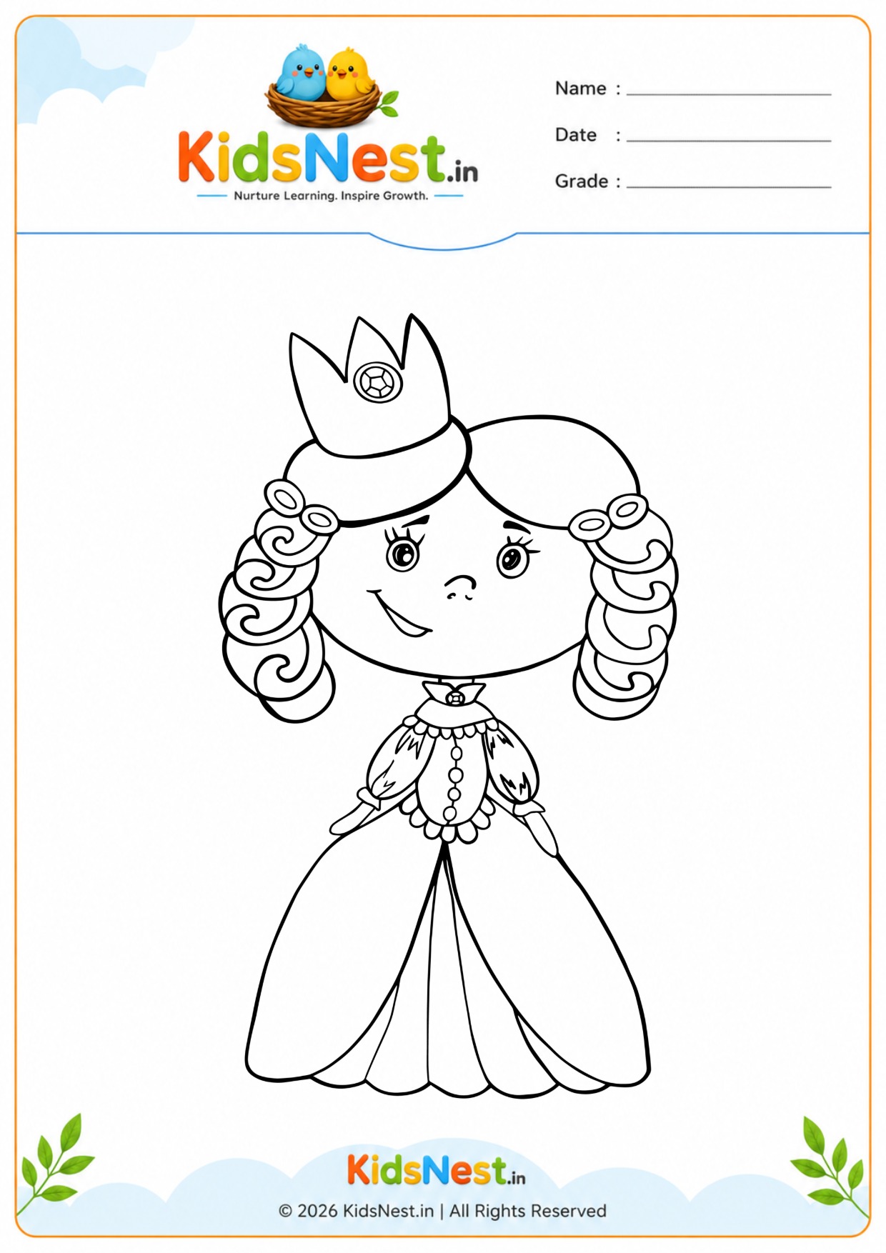 Free Princess Coloring Worksheet for Kids | Printable PDF