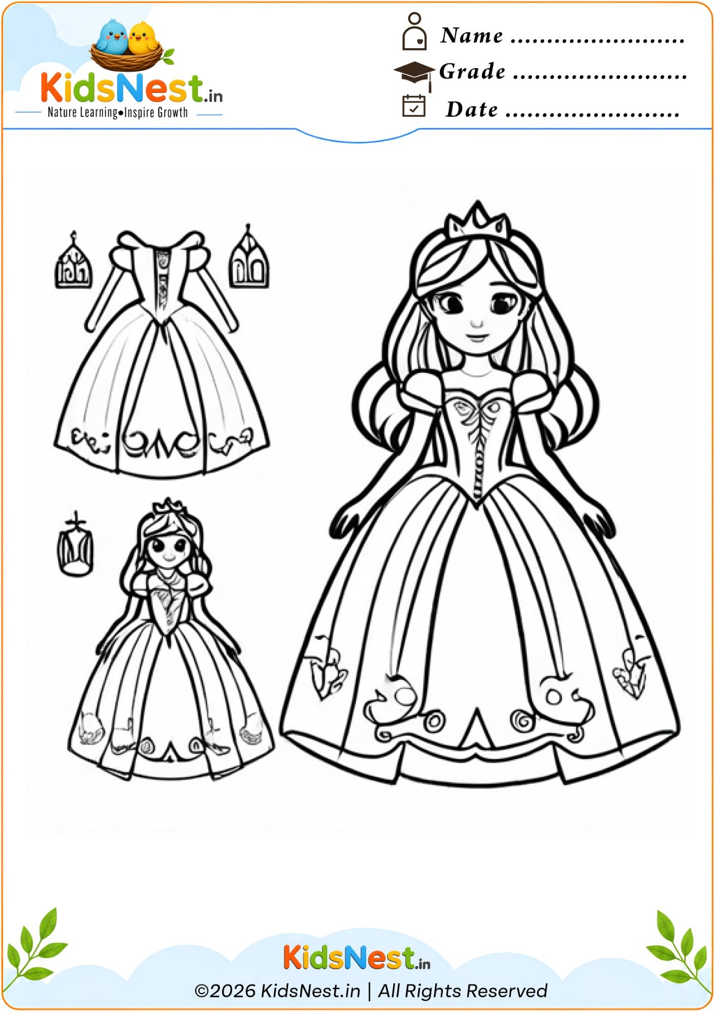 Princess Dress Up & Coloring Worksheet | Printable for Kids