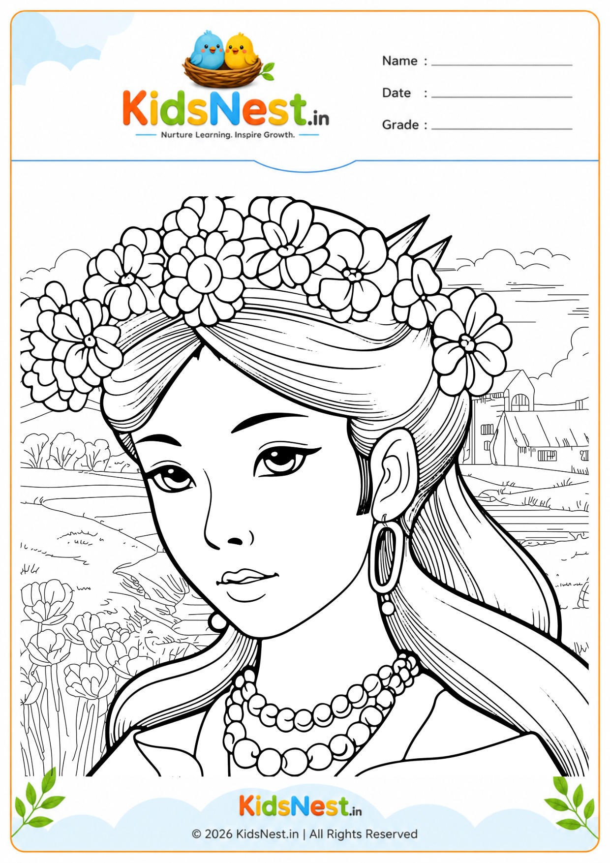 Princess Flower Crown Coloring Page | Free Printable for Kids