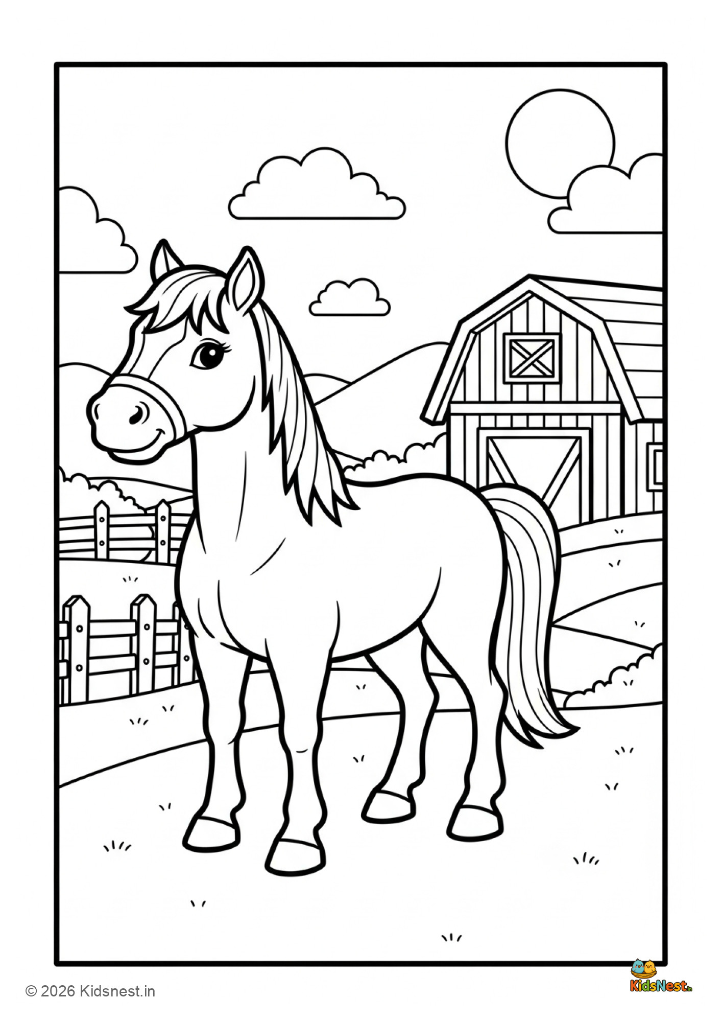 Printable Horse on a Farm Coloring Page for Kids