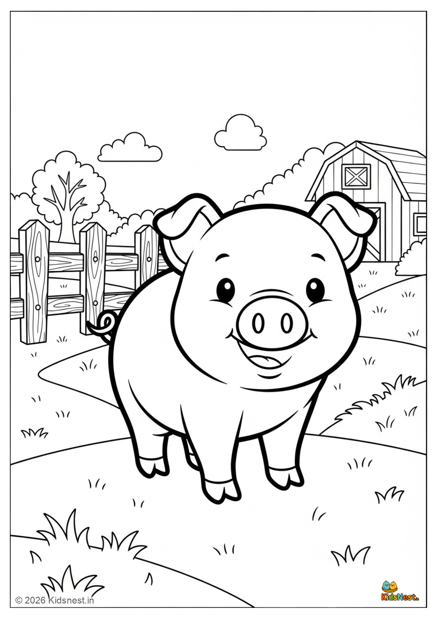 Printable Pig on Farm Coloring Page for Kids | Free PDF