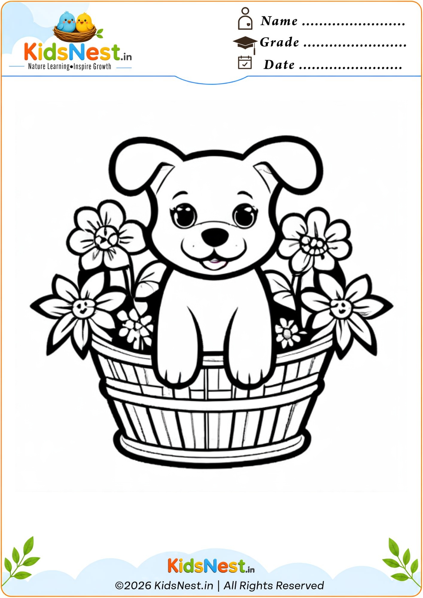 Free Puppy in Flower Basket Coloring Page for Kids