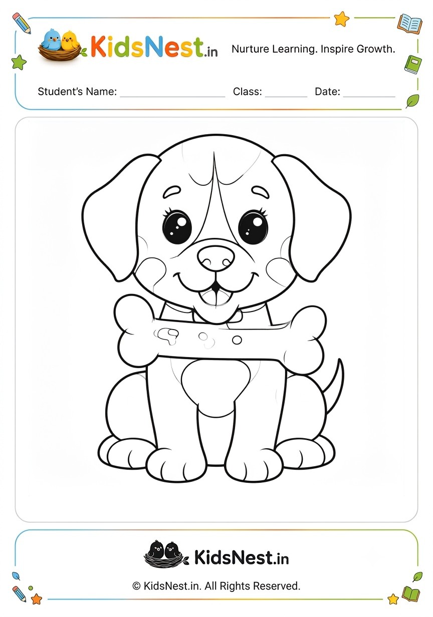 Puppy with Bone Coloring Worksheet | Free Printable