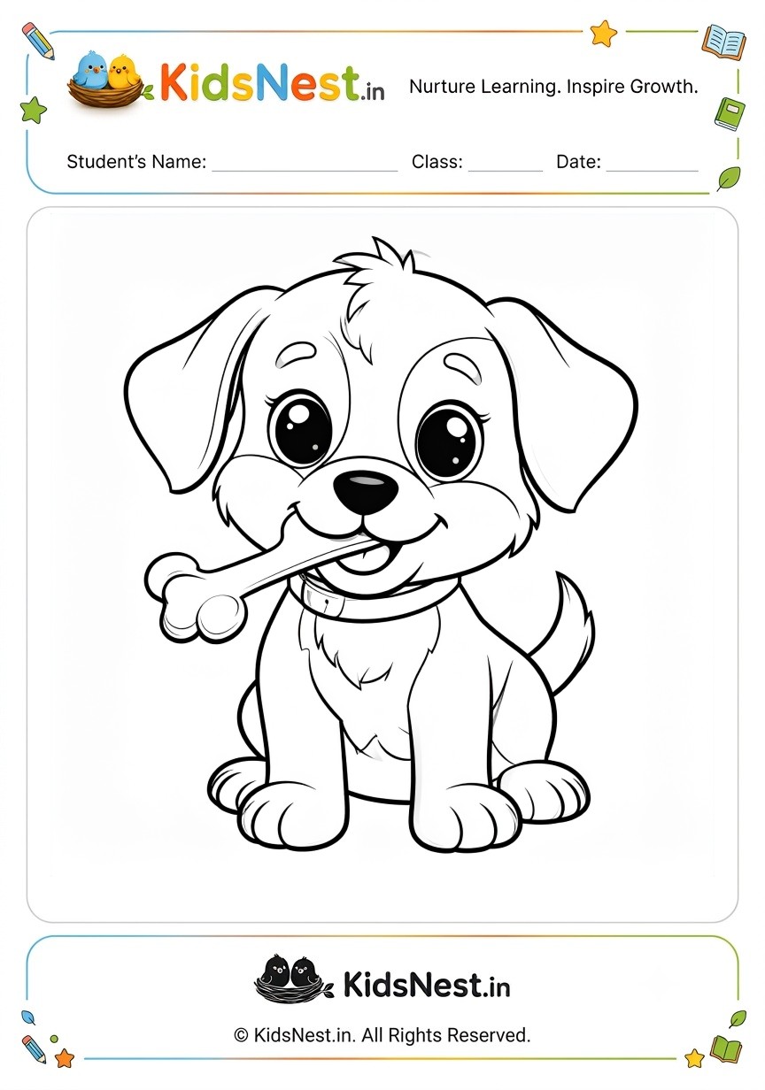 Free Puppy with Bone Coloring Worksheet for Kids