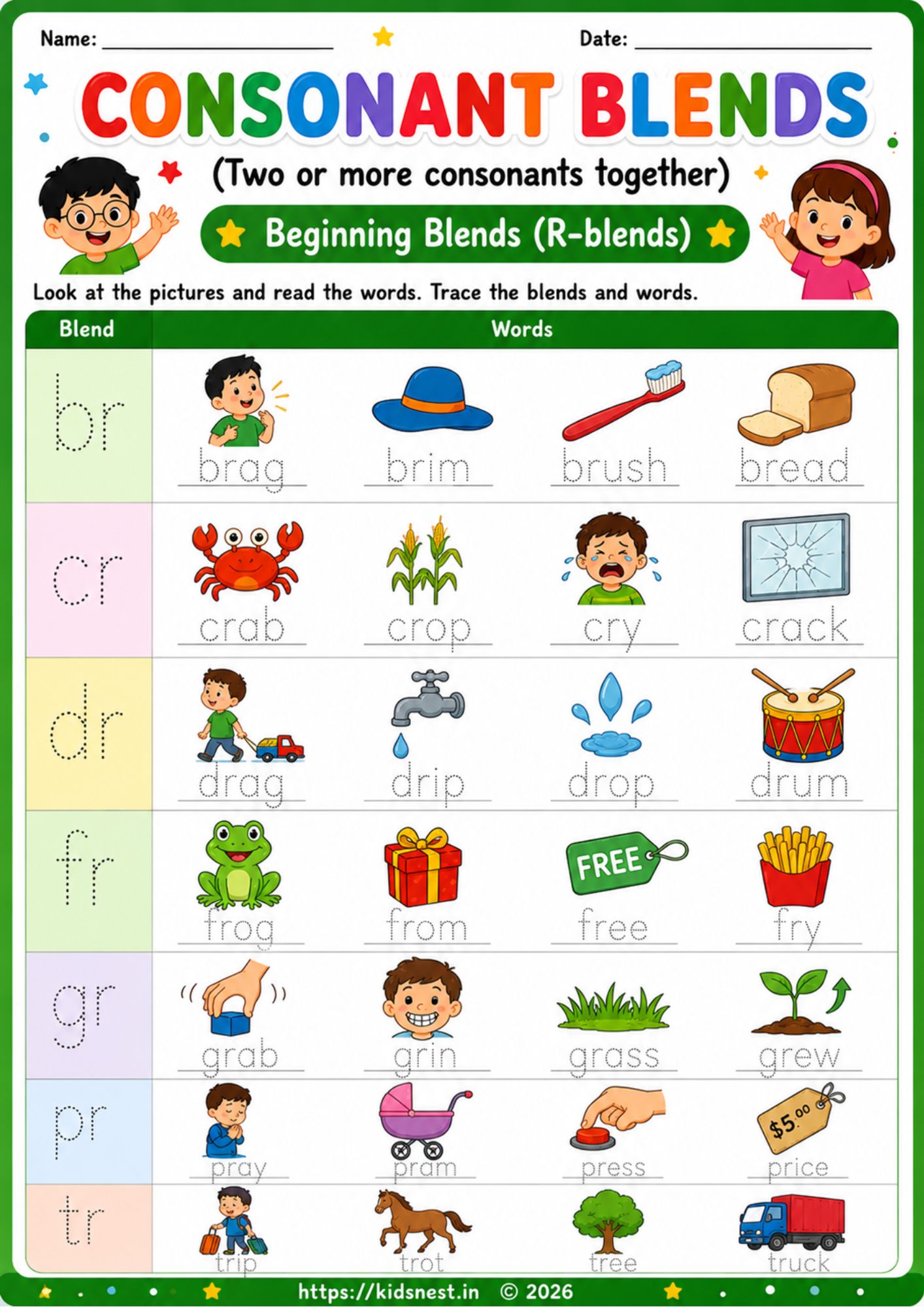 R-Blends Consonant Blends Worksheet PDF | Free Printable