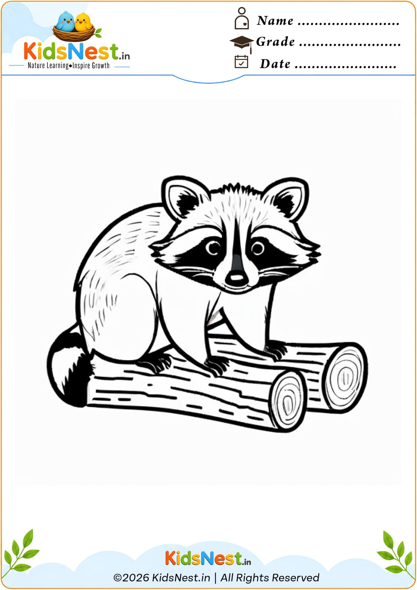 Raccoon on Logs Coloring Worksheet for Kids | Free Printable