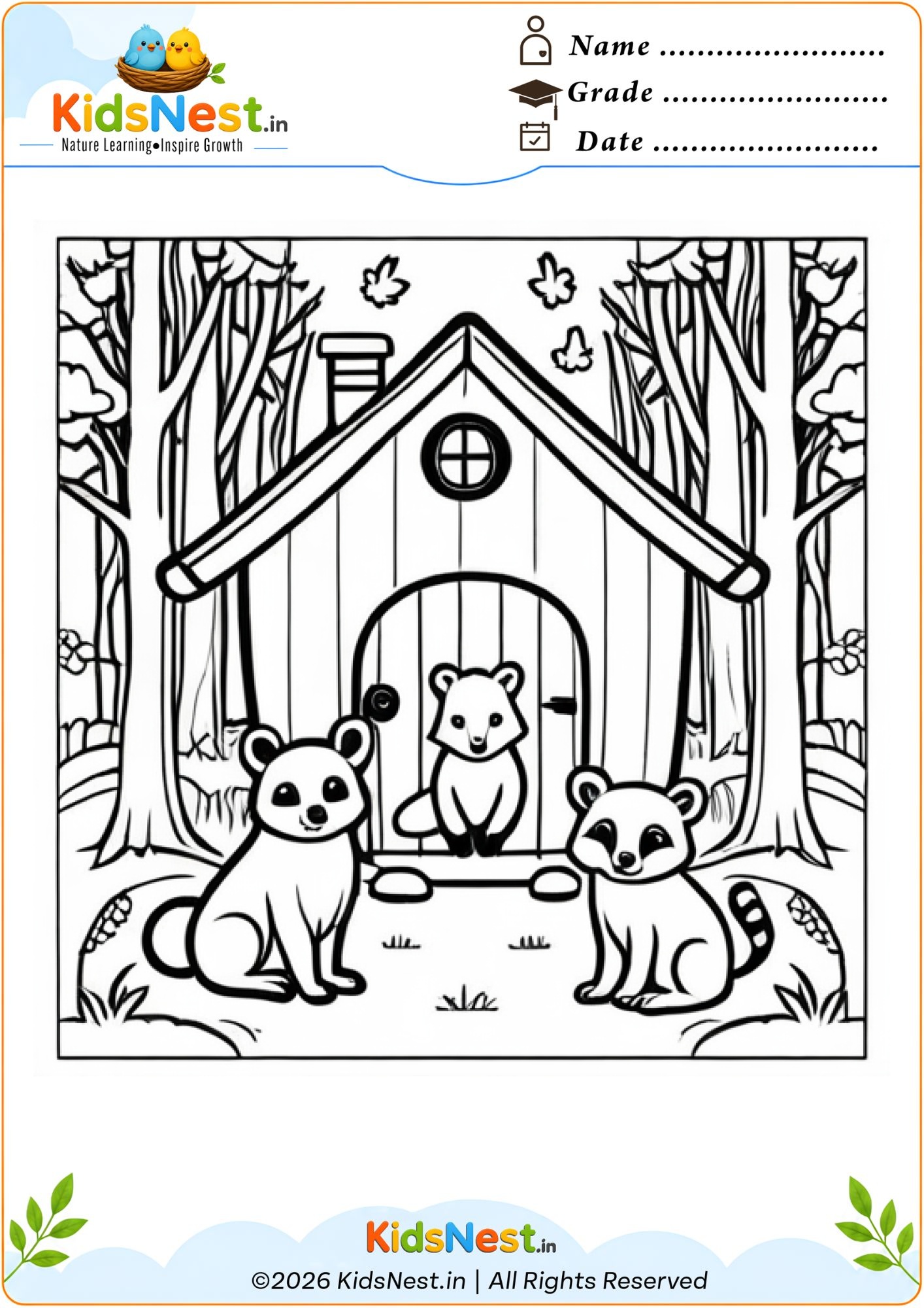 Raccoons and Cabin Coloring Page | Printable Activity for Kids
