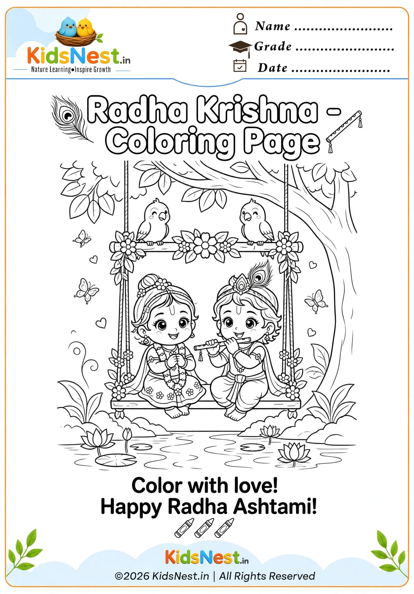 Radha Krishna Coloring Page for Kids | Free Printable PDF