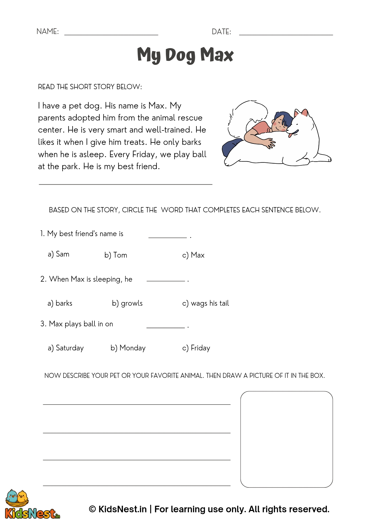 Reading Comprehension Worksheet: My Dog Max | Free Printable