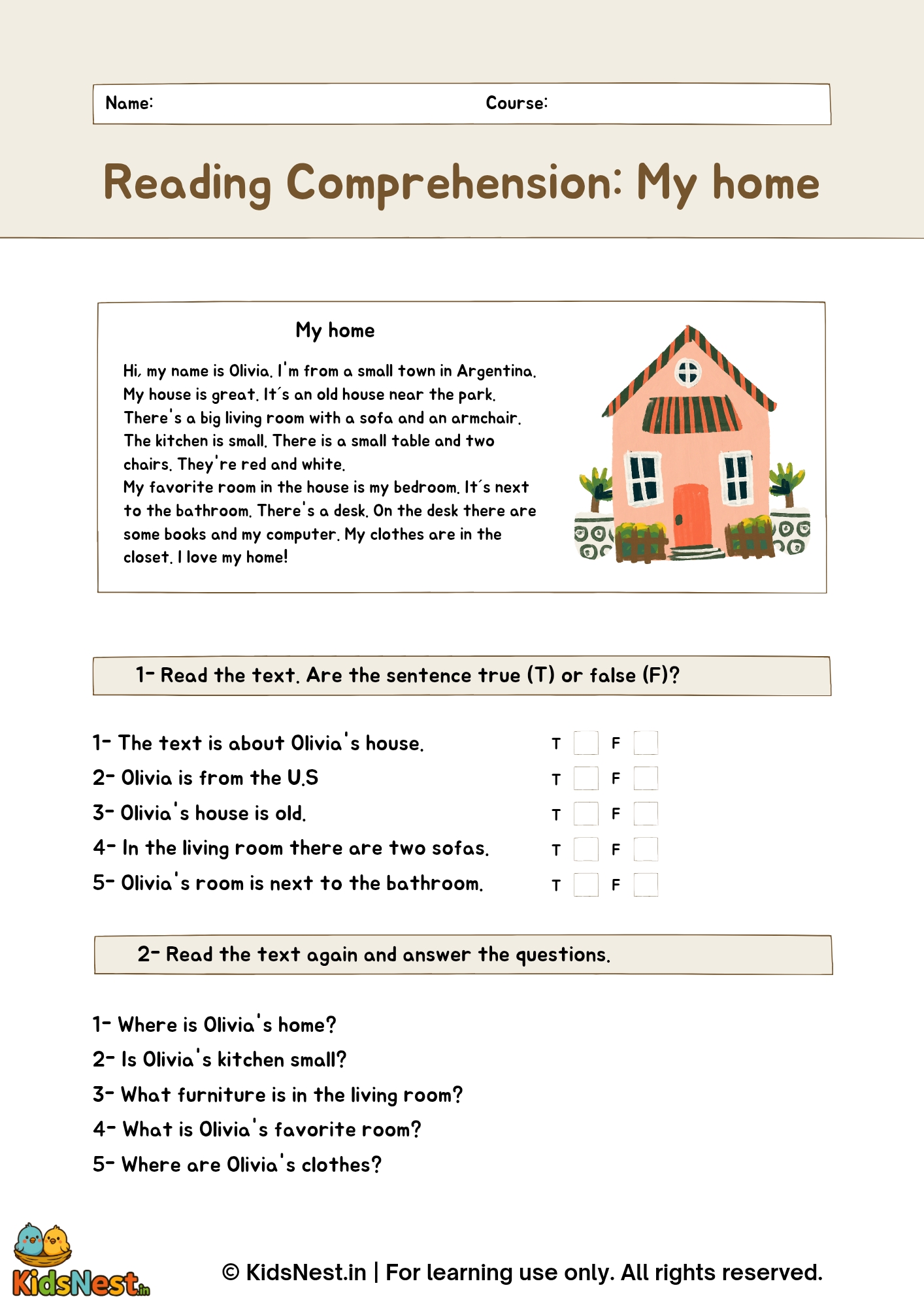 Reading Comprehension: My Home | Printable Worksheet for Kids