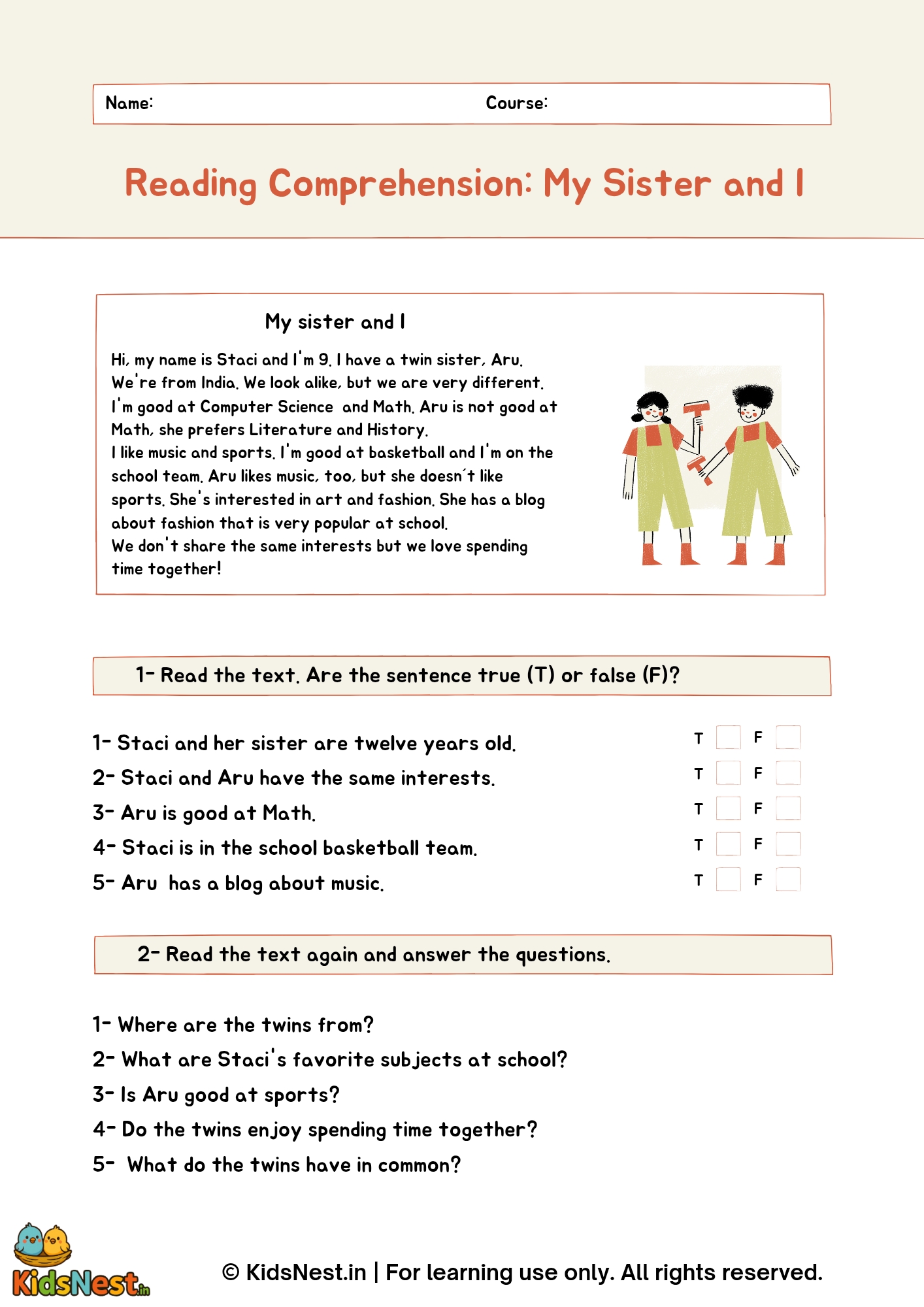 Reading Comprehension Worksheet: My Sister and I | Printable