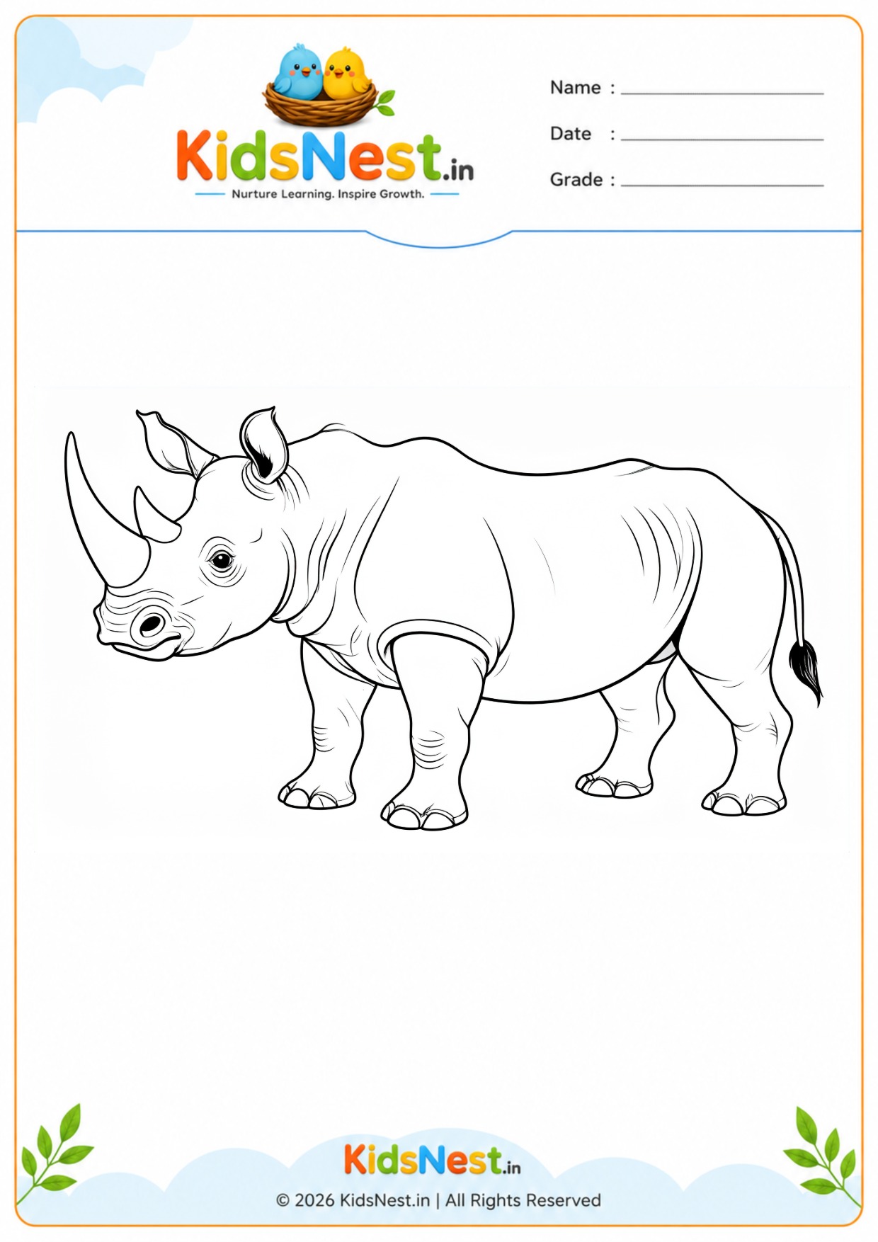 Printable Rhinoceros Coloring Page for Kids | Educational Fun
