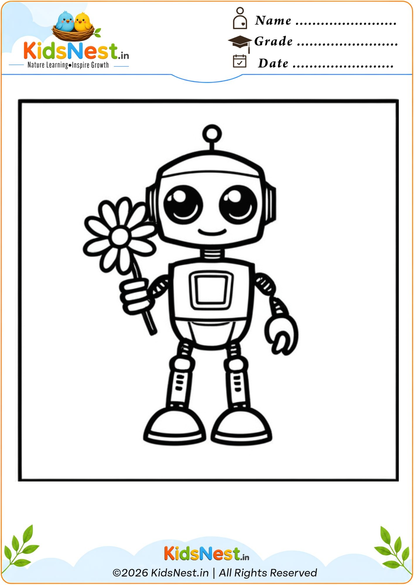 Robot with Flower Coloring Page | Printable for Kids
